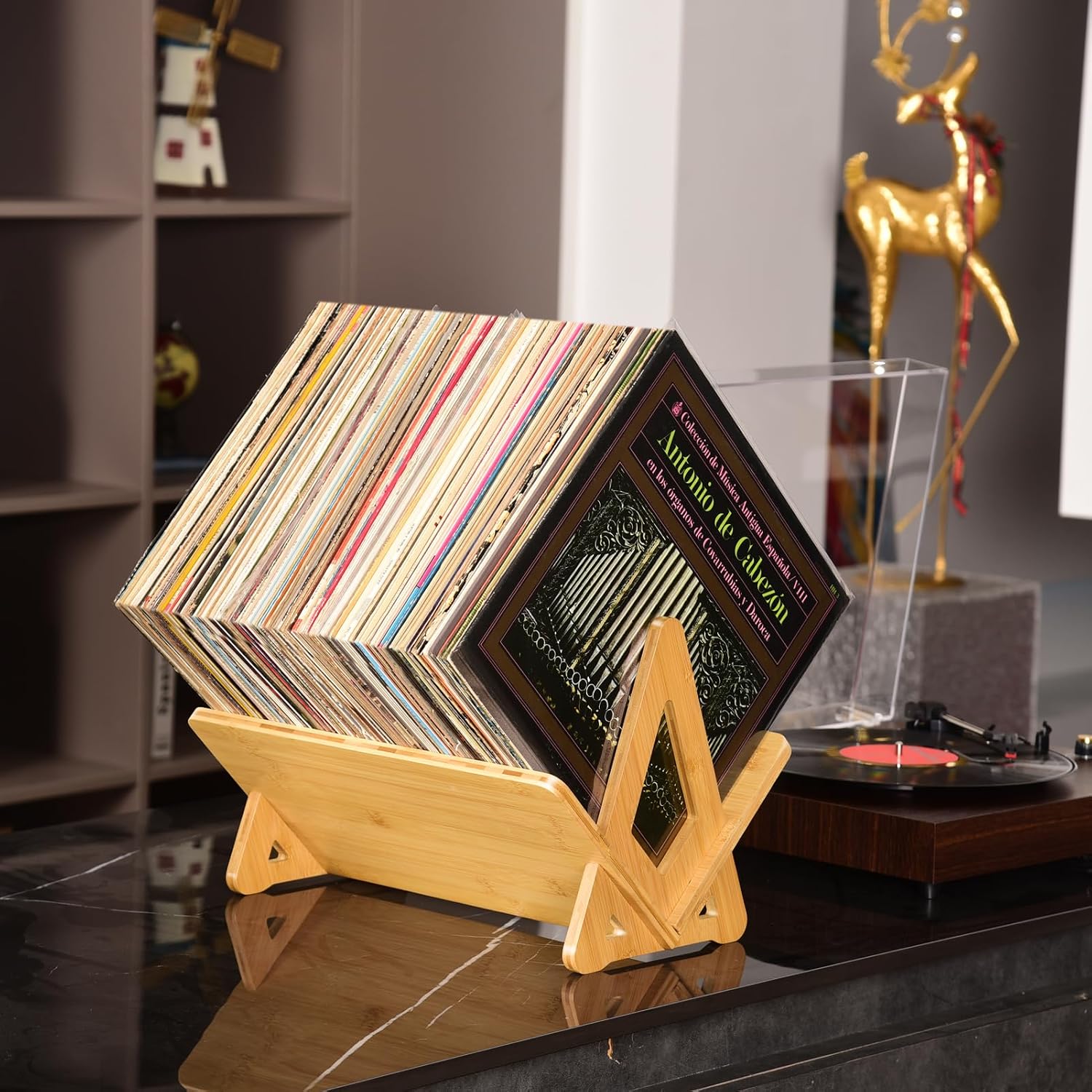 Bamboo Vinyl Record Holder 80-100 LP Record Stand, Quick Assembly Record Storage, Modern Design Organizer for Magazine