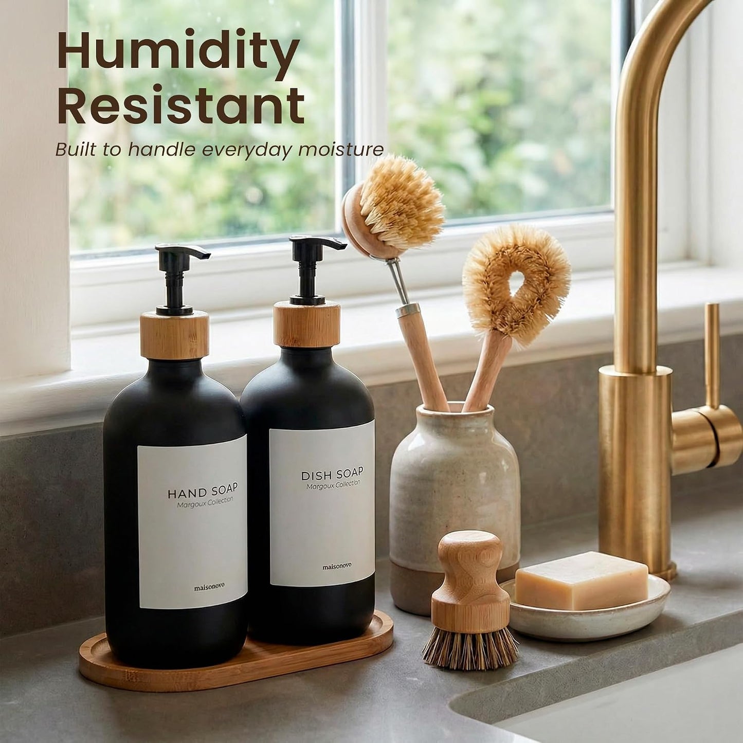 MaisoNovo Glass Dish Soap Dispenser for Kitchen Set of 2-16.9oz Dish and Hand Soap Dispenser Set for Kitchen - Black