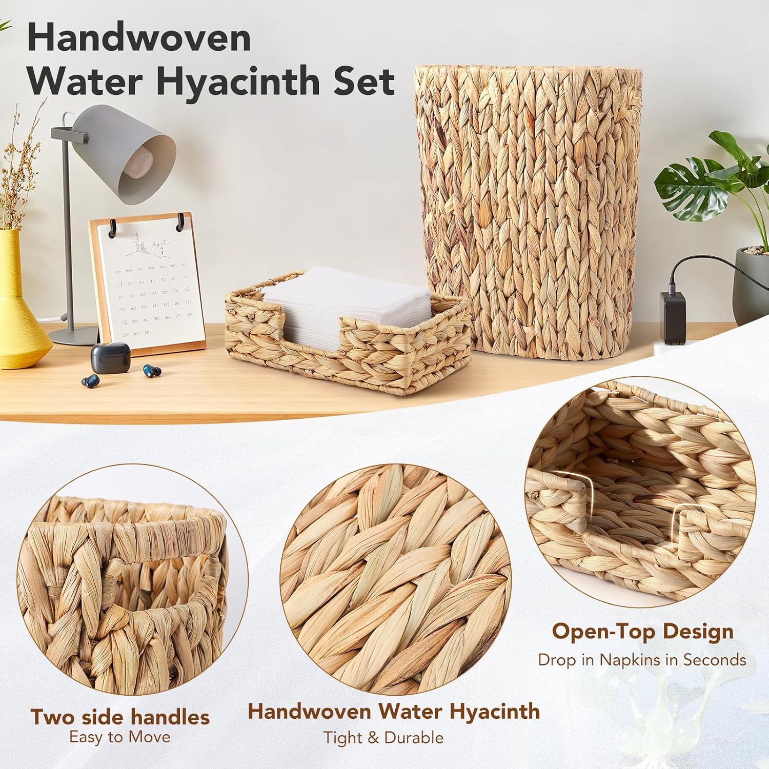 Wicker Trash Can and Rectangle Napkin Holder / Khaki / Wicker Trash Can+napkin Holder