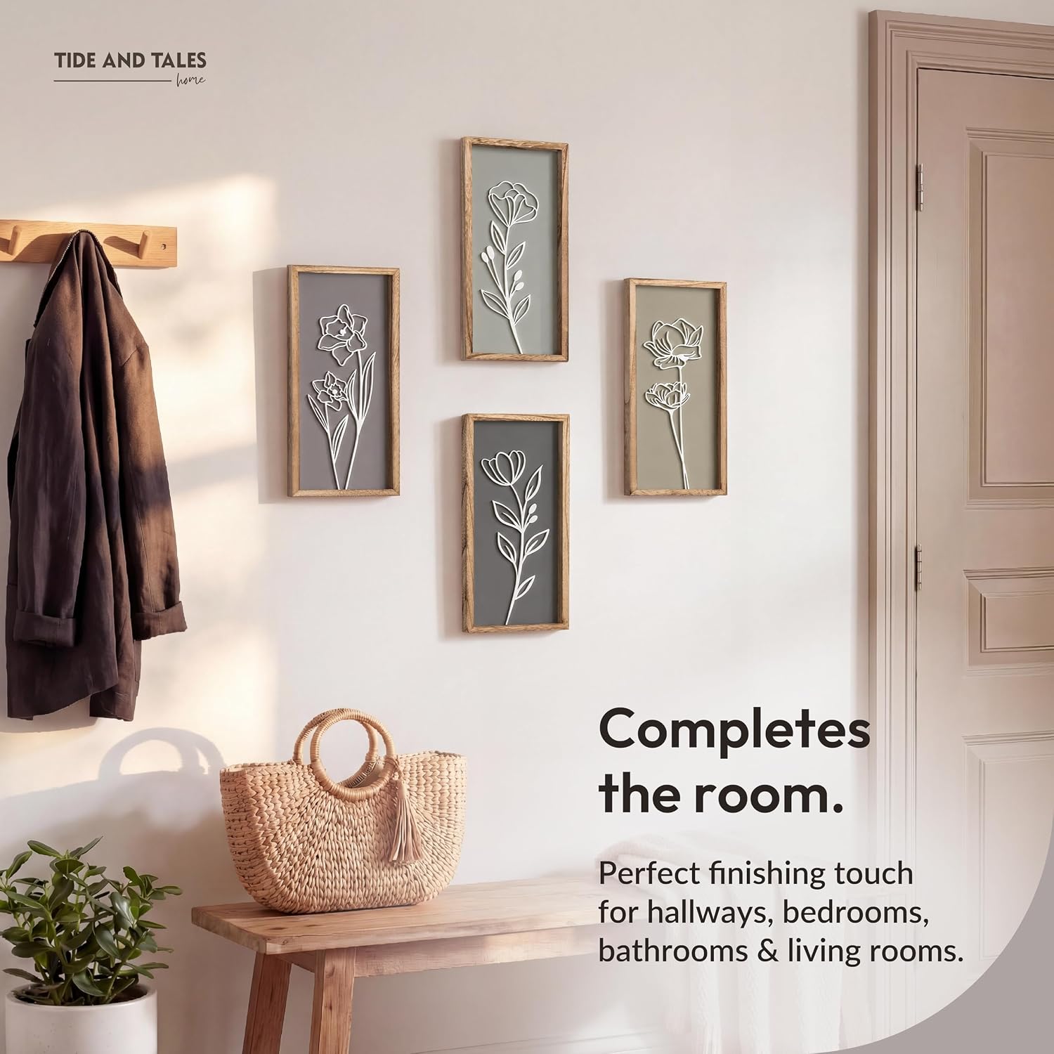 3D Wooden Floral Bathroom Wall Decor Lightweight / 7 x 16 / Naturals / Set of 4
