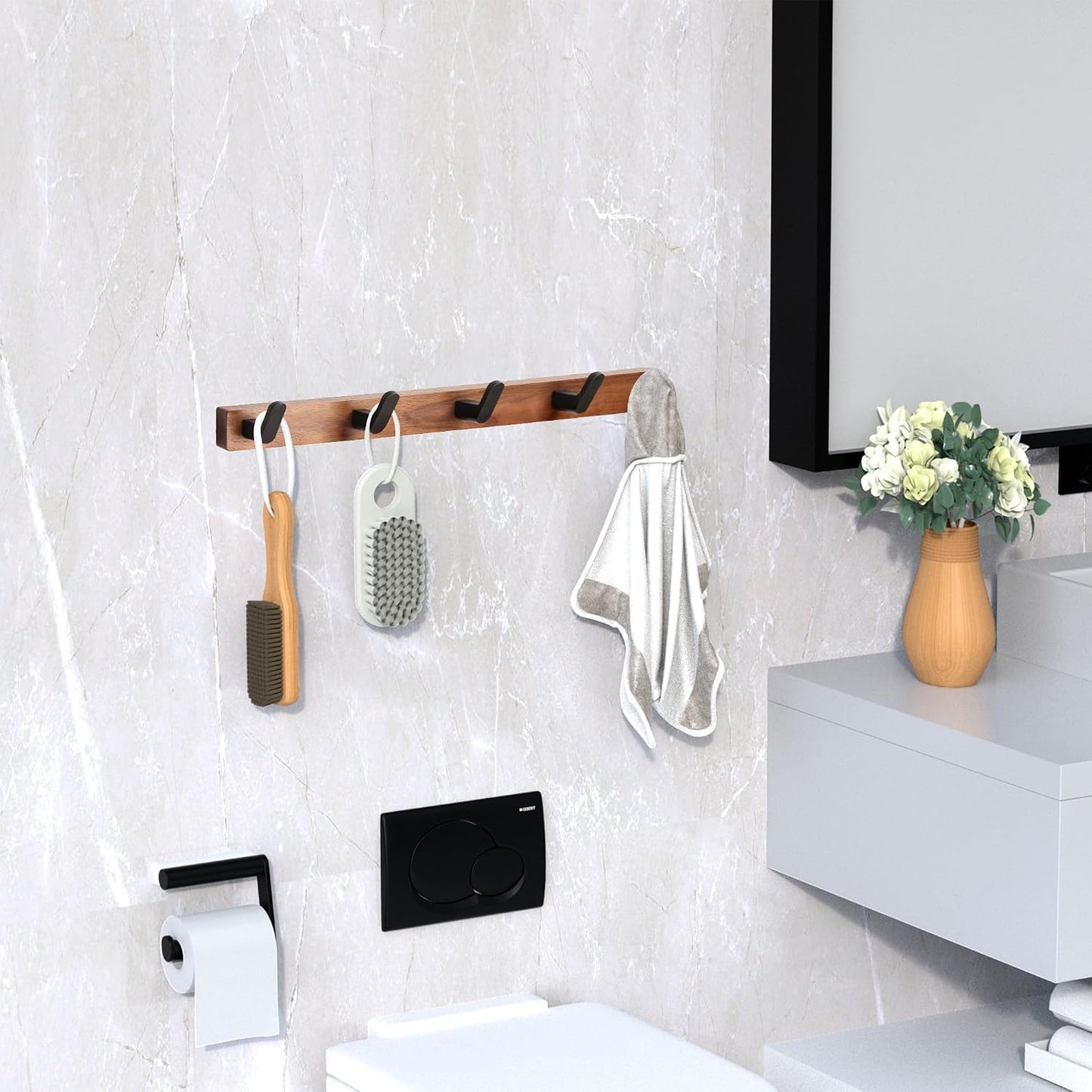 Adhesive Mounted Entryway Hooks / Coat Rack with 5 Hooks / Black / 17 Inch
