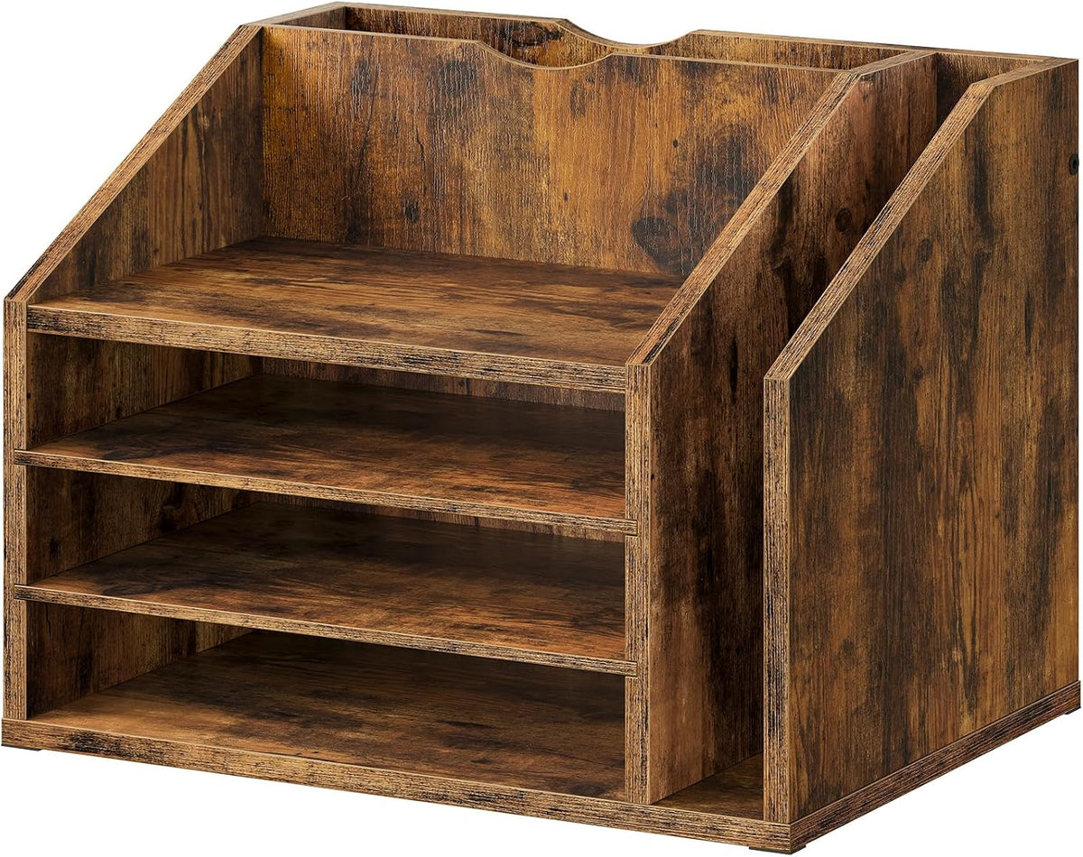 Wooden Desk Organizer with Adjustable Partitions, Multi-Layer Desktop File Holder for Home Office, Paper & Stationery