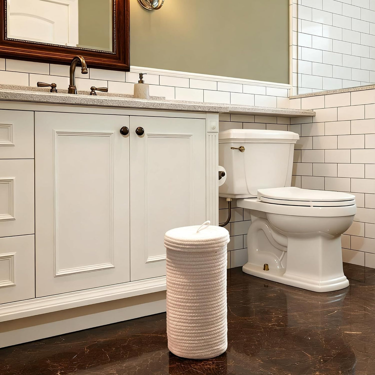 Toilet Paper Holder Handmade – Woven Cotton Toilet Paper Stand & Storage Basket with Lid, Freestanding Organizer for