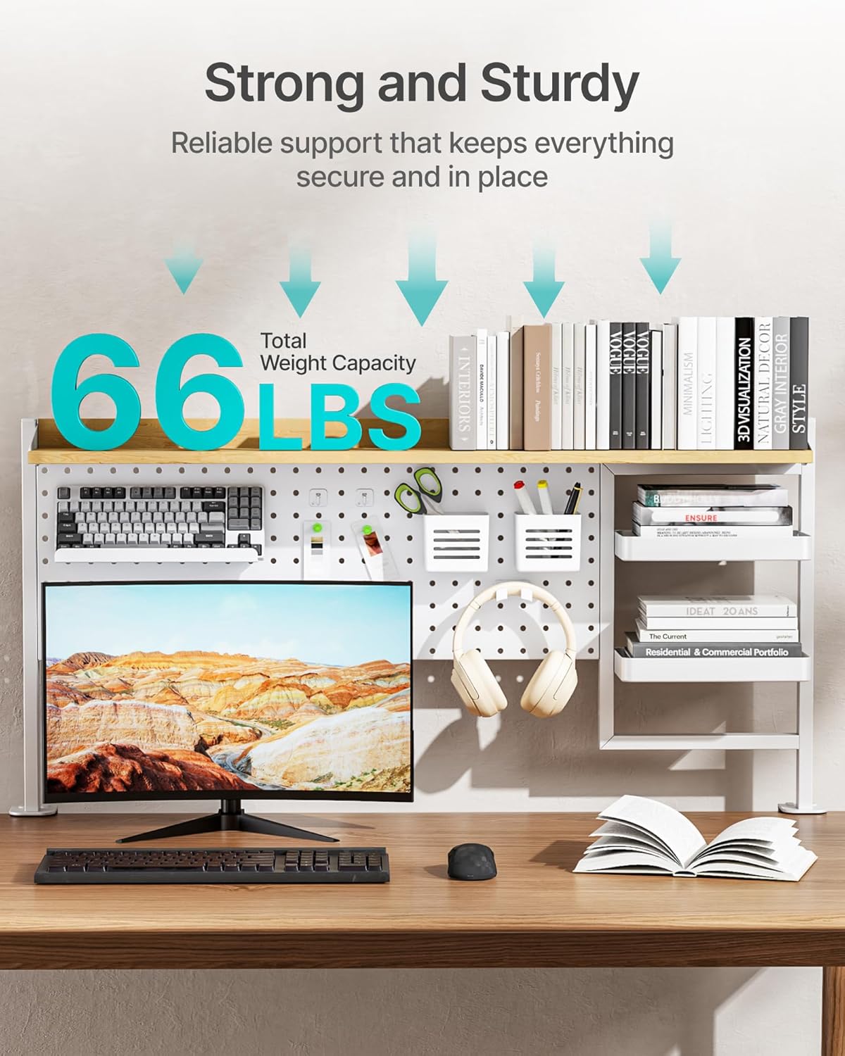 Clamp on Desk Shelf, 44" Desktop Shelving System, White | with Pegboard and Accessories, Desktop Organizer with 2-Tier