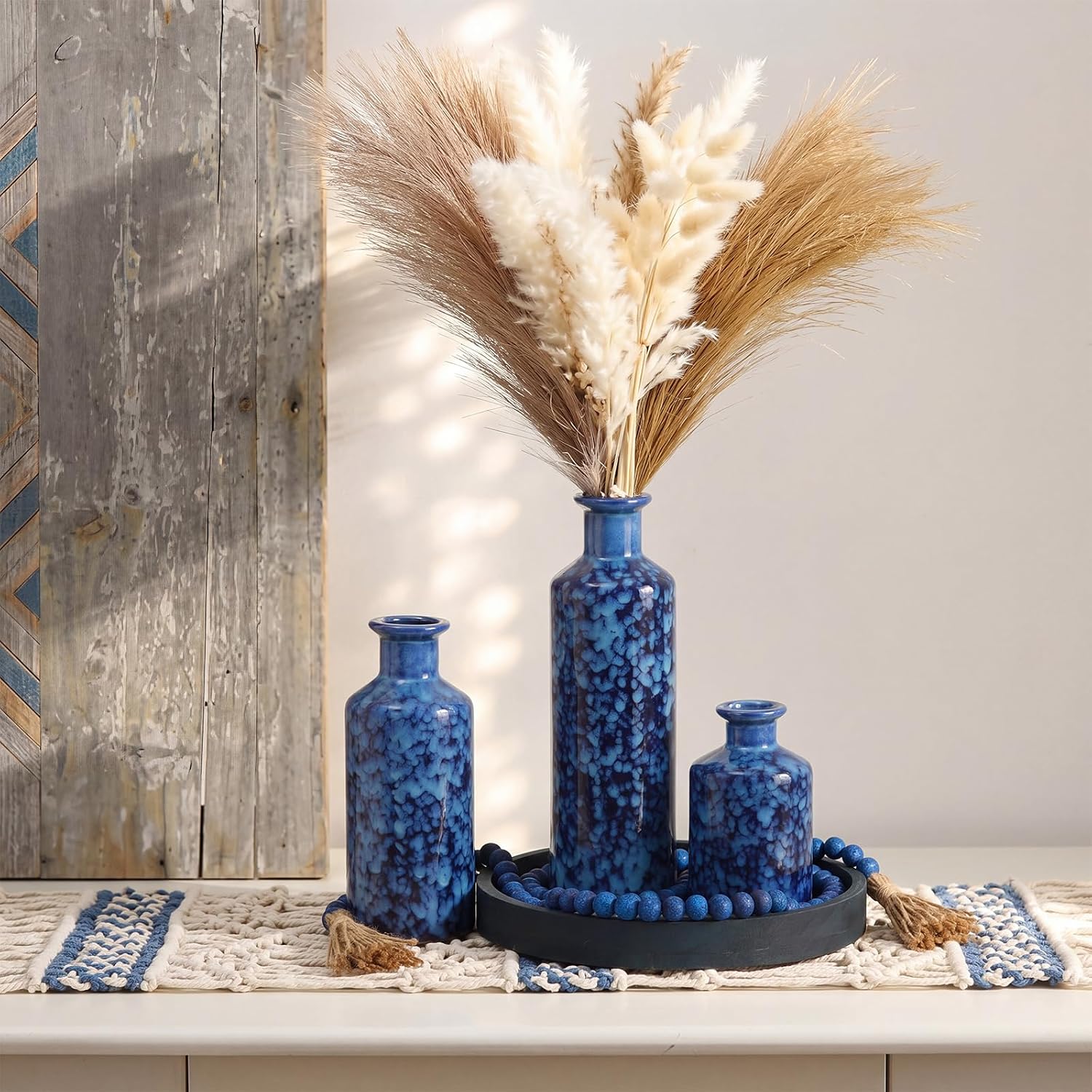 Wooden Serving Tray Wood Bead Garland / Country Blue / Set of 5