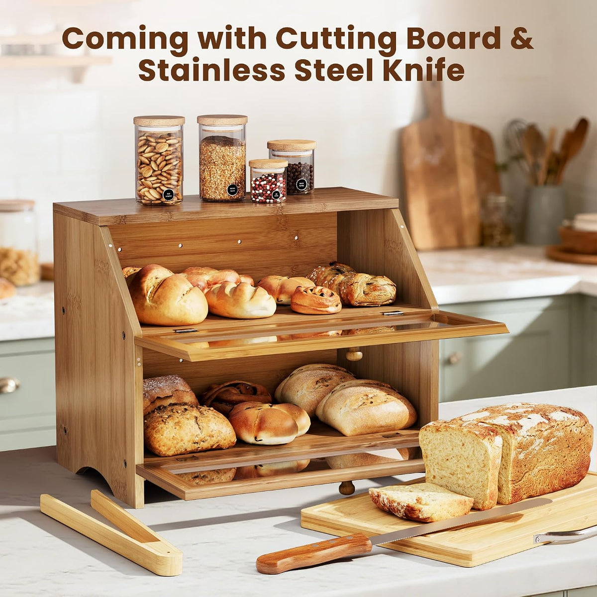 MAISONPEX Double Layer Bamboo Bread Box for Kitchen Countertop, Large Capacity, Cutting Board, Stainless Steel Bread