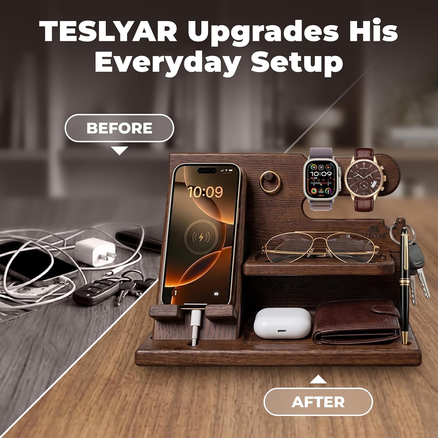 TESLYAR Wood Phone Docking Station for Men - Desk or Nightstand Organizer - Birthday Gifts for Husband, Dad
