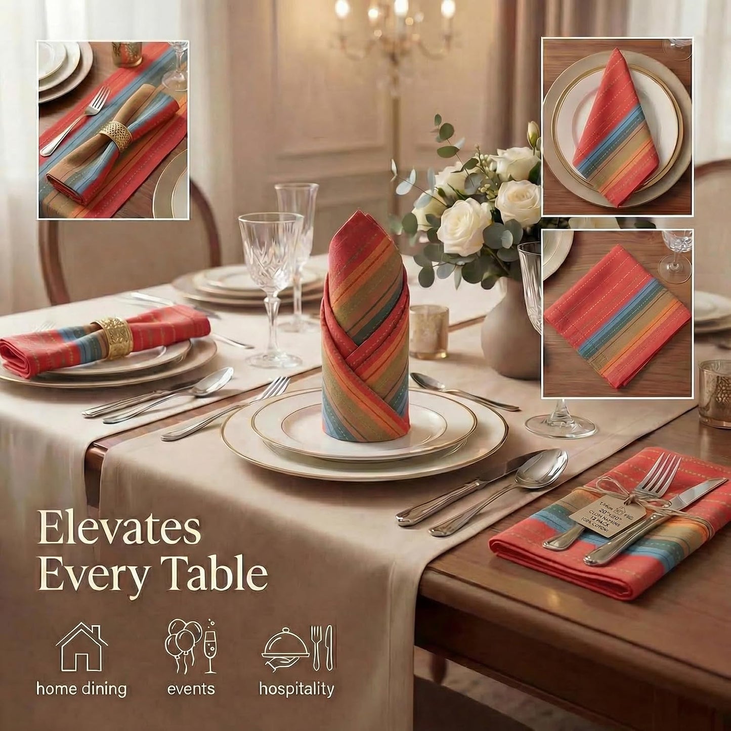 Urban Villa Cloth Napkins Cotton 20x20 (Set of 12) Red Stripes