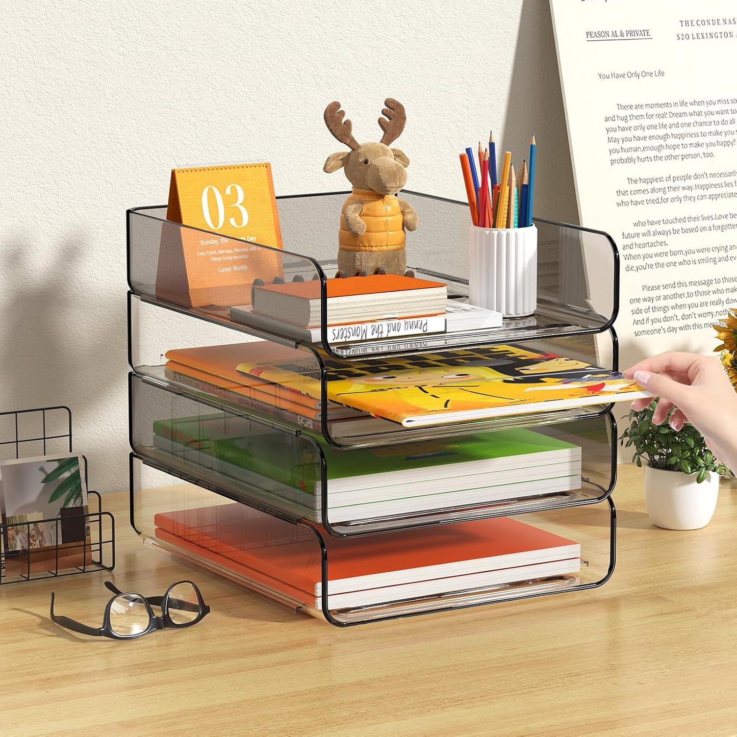 4-Tier Acrylic Paper Tray Organizer / Clear & Brown / 12.6 x 9.6 x 11