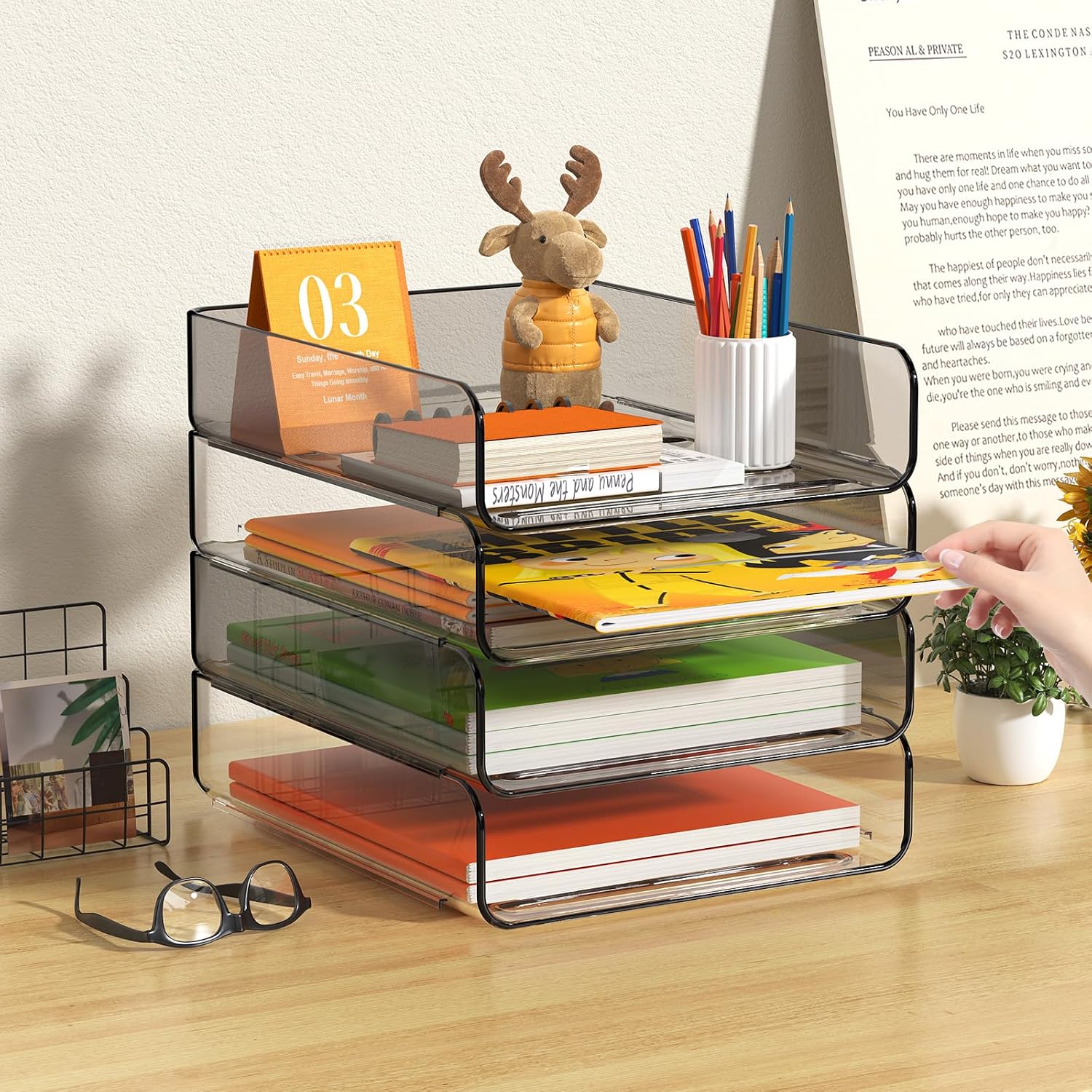 4-Tier Acrylic Paper Tray Organizer / Clear & Brown / 12.6 x 9.6 x 11
