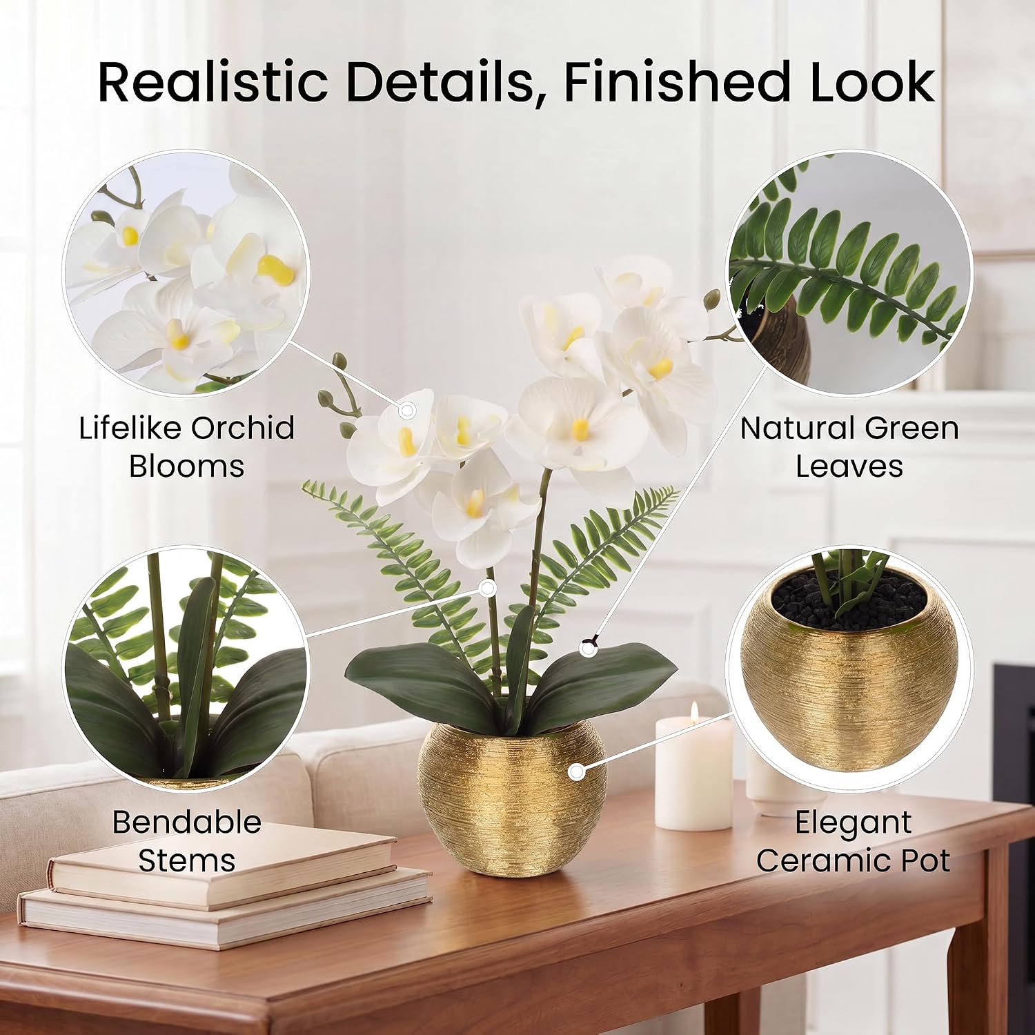 Artificial Orchid Flowers in Gold Ceramic Pot / White Orchid with Gold Vase