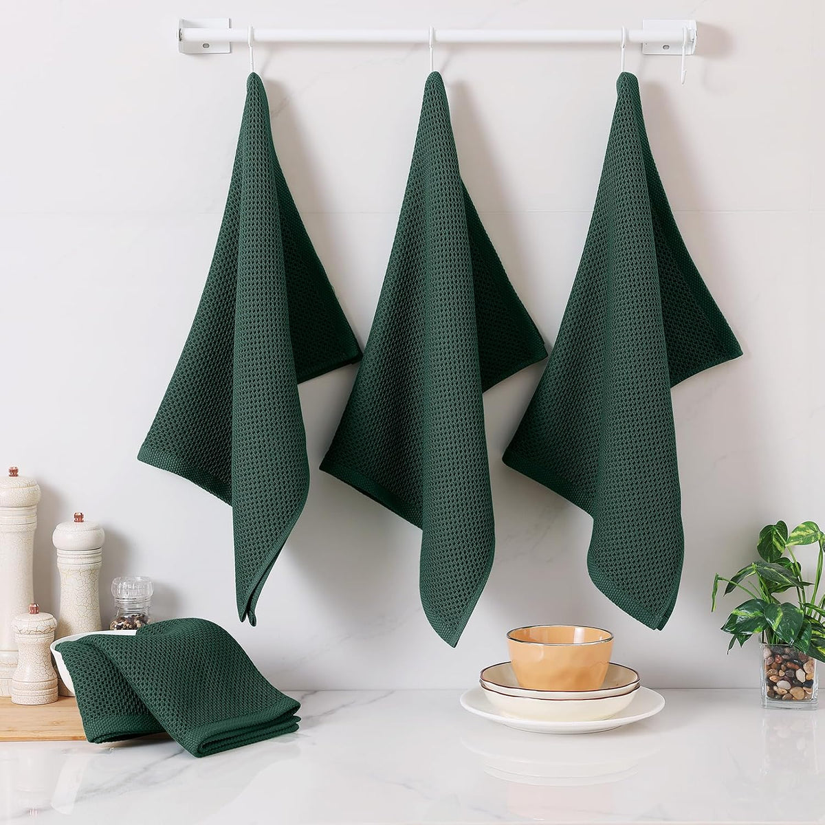Homaxy 100% Cotton Oversized Waffle Weave Kitchen Towels 8-Pack | Blackish Green, 20 x 28 Inches, Ultra Soft Absorbent