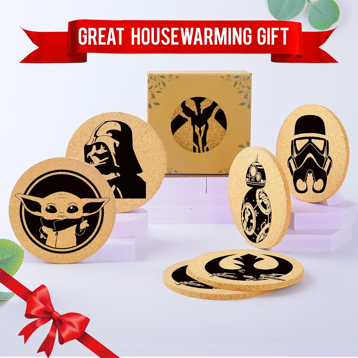 Holder / Absorbent Coaster Cork Wood for Cup Desk Office Table Kitchen / Star Battle / Set of 6