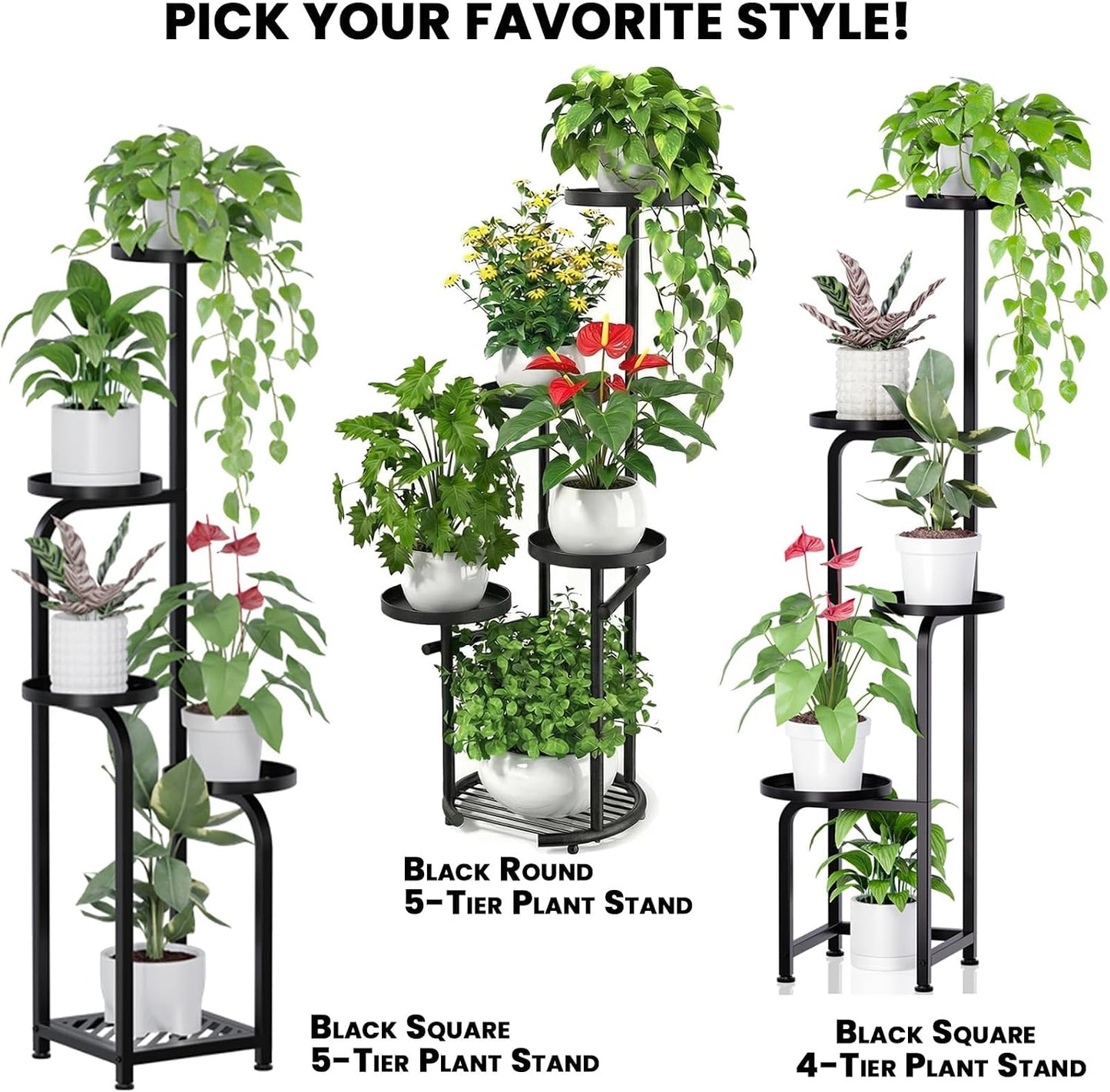 TOSKING Tall 5-Tier Round Metal Corner Plant Stand Indoor, Anti-Tip, Black | 37.7-Inch Height, Space-Saving Design