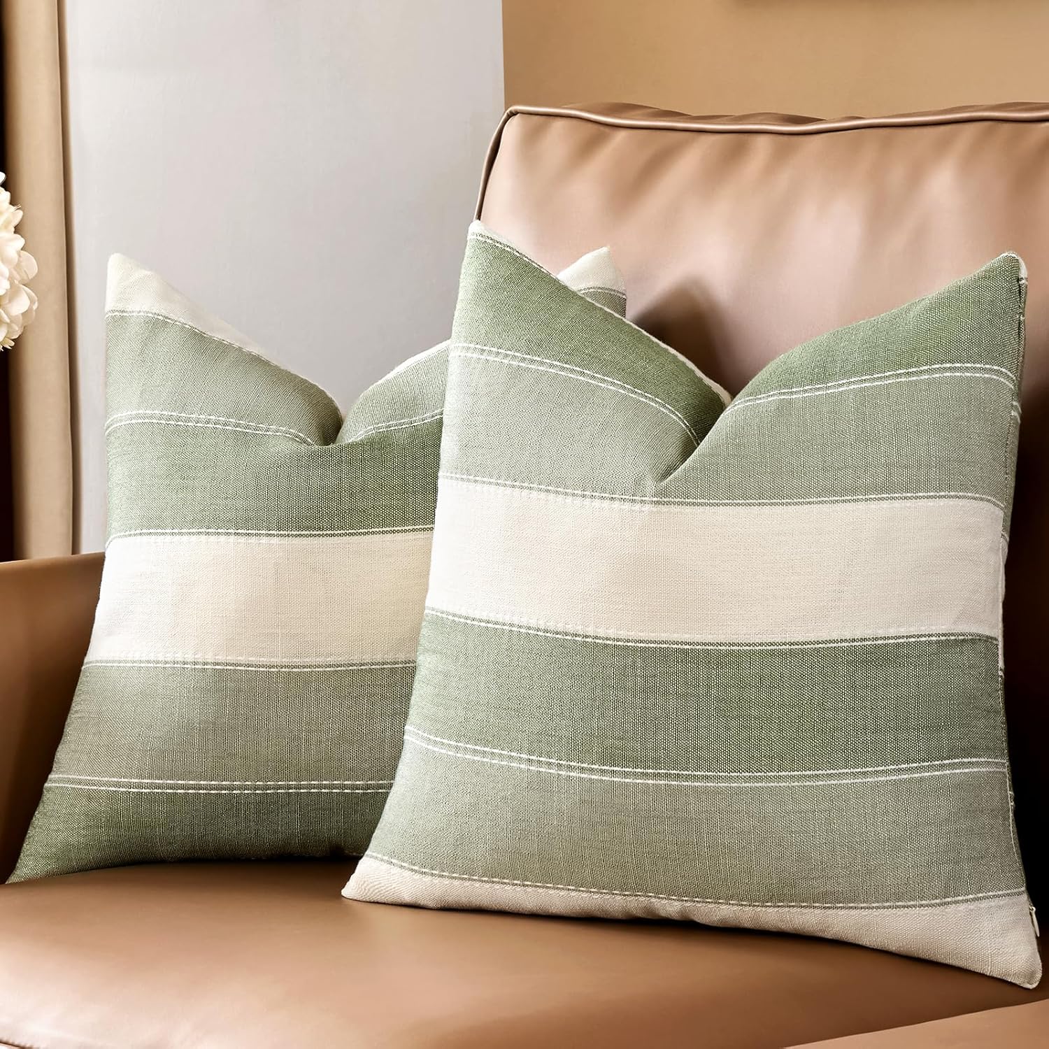 Farmhouse Stripe Check Throw Pillow Covers Set Case Cotton Linen / 18 x 18 / Sage Green / Set of 2