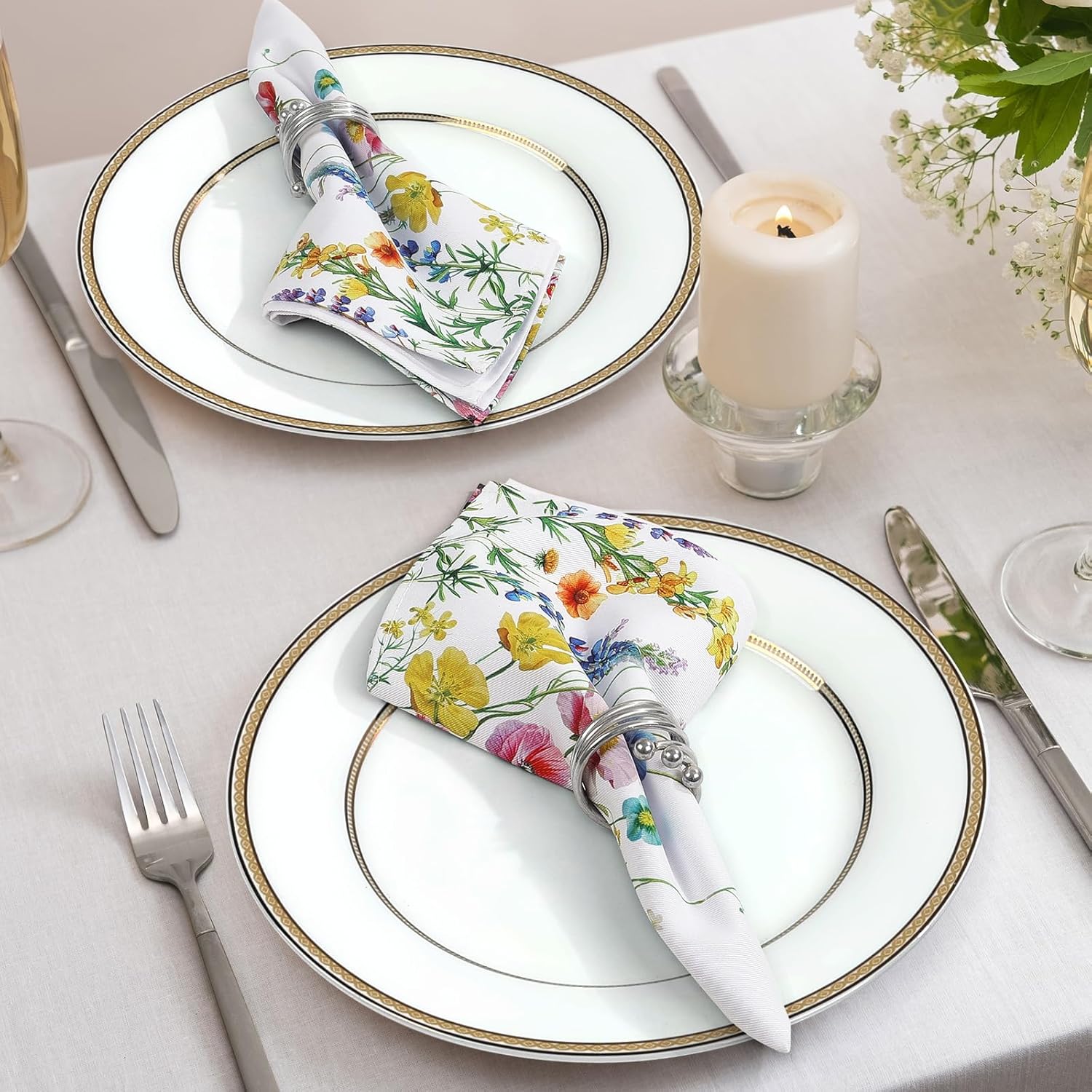 Wildflower Butterfly Cotton Cloth Napkins, 18×18 in, Set of 12 | Washable Cotton Dinner Napkins with Wildflower