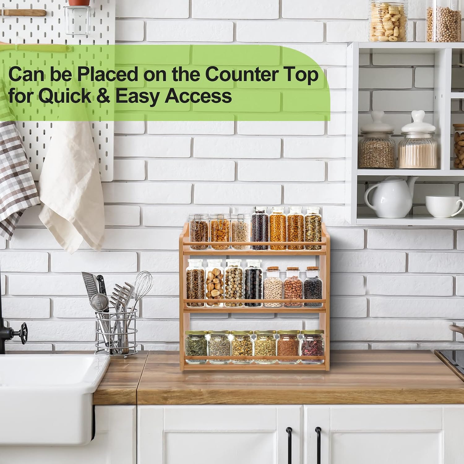 3 Tier Bamboo Spice Rack Wall Mount or Countertop,Spice Organizer | Seasoning Jars Rack Spice Shelf Organizer for