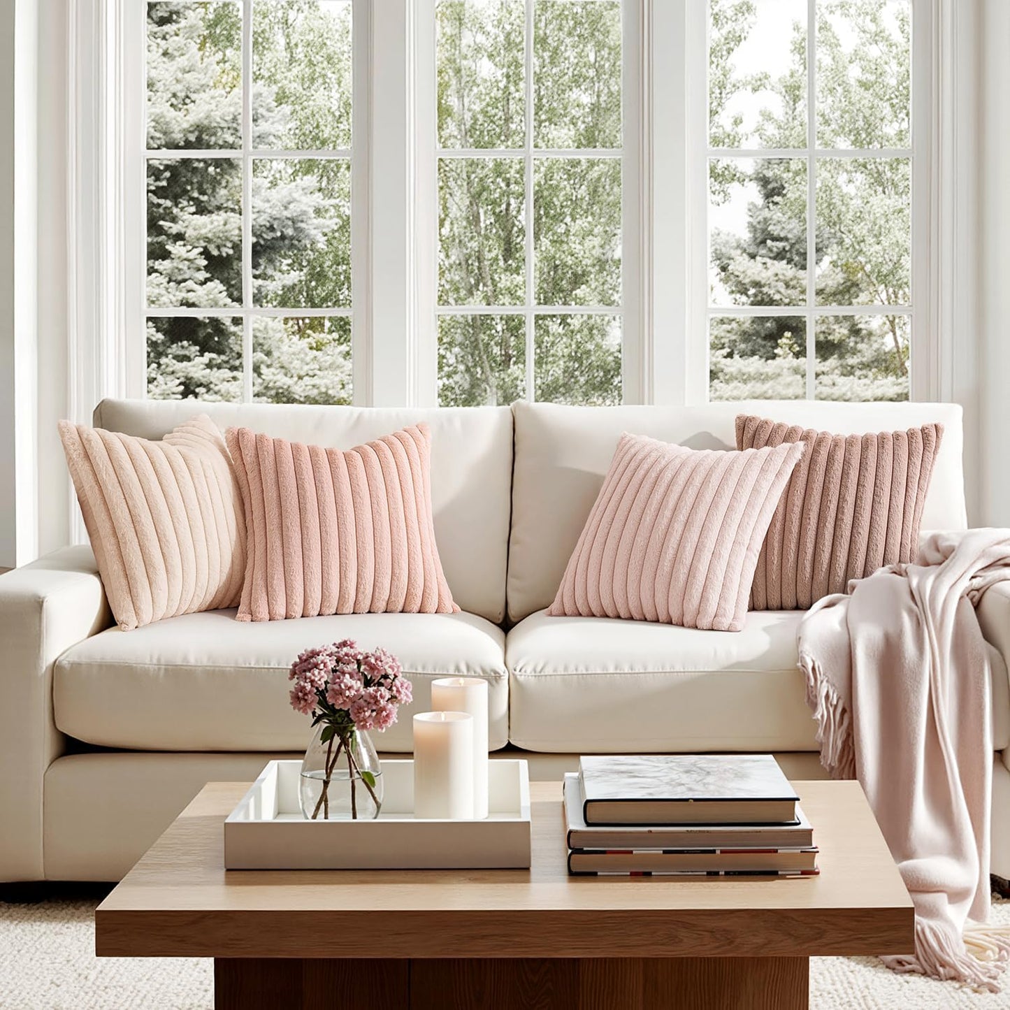 Faux Fur Plush Decorative Throw Pillow Covers / 18 x 18 / Pink / Set of 4