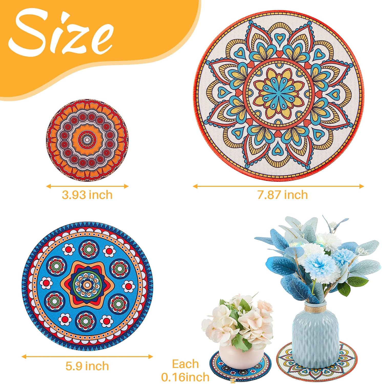 Boho Plant Coasters 3 Size 3.94" 5.9" 7.87" Rubber / Classic / 4 Inch, 6 Inch, 8 Inch / Set of 6