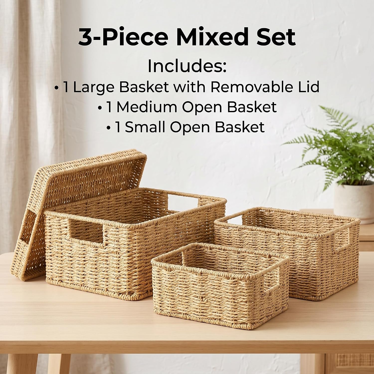 Wicker Storage Basket / Natural / 15 x 12 x 6.8 / 3-piece Mixed Set