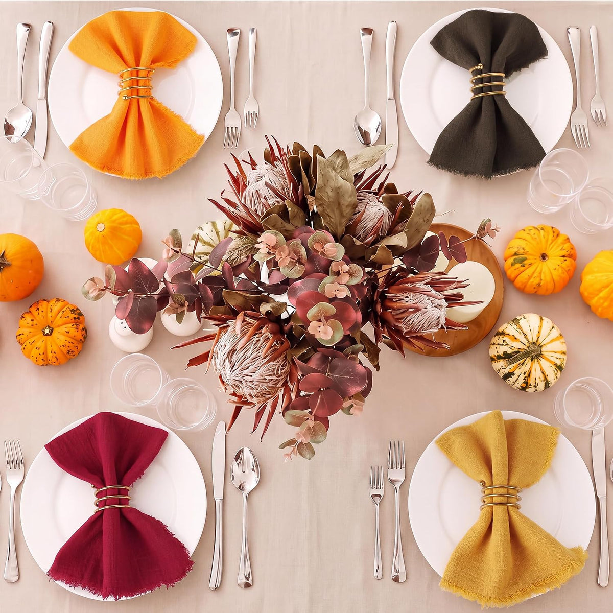 TURSTIN 24 Pieces Thanksgiving Cotton Linen Cloth Napkin Handmade Cloth | Fall Napkin with Fringe 17 x 17 Inch Soft