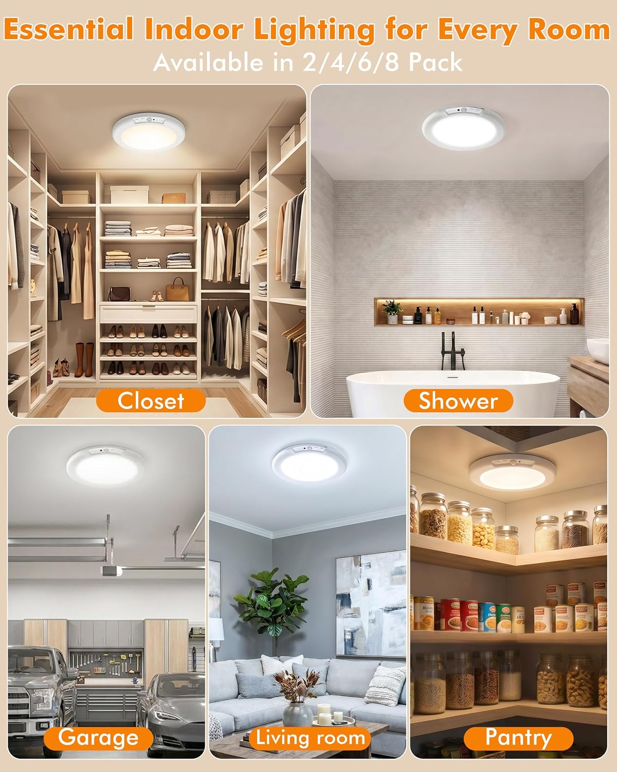 Rechargeable Ceiling Light 4 Pack, Magnetic Motion Sensor with Remote | Wireless Dimmable Battery Operated LED Ceiling