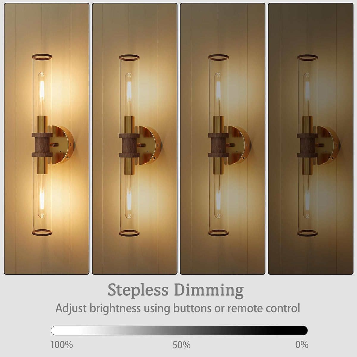 Rayogale Gold & Walnut Wireless Battery Operated Wall Sconces with Remote | Glass Rechargeable Wall Lights Set of 2