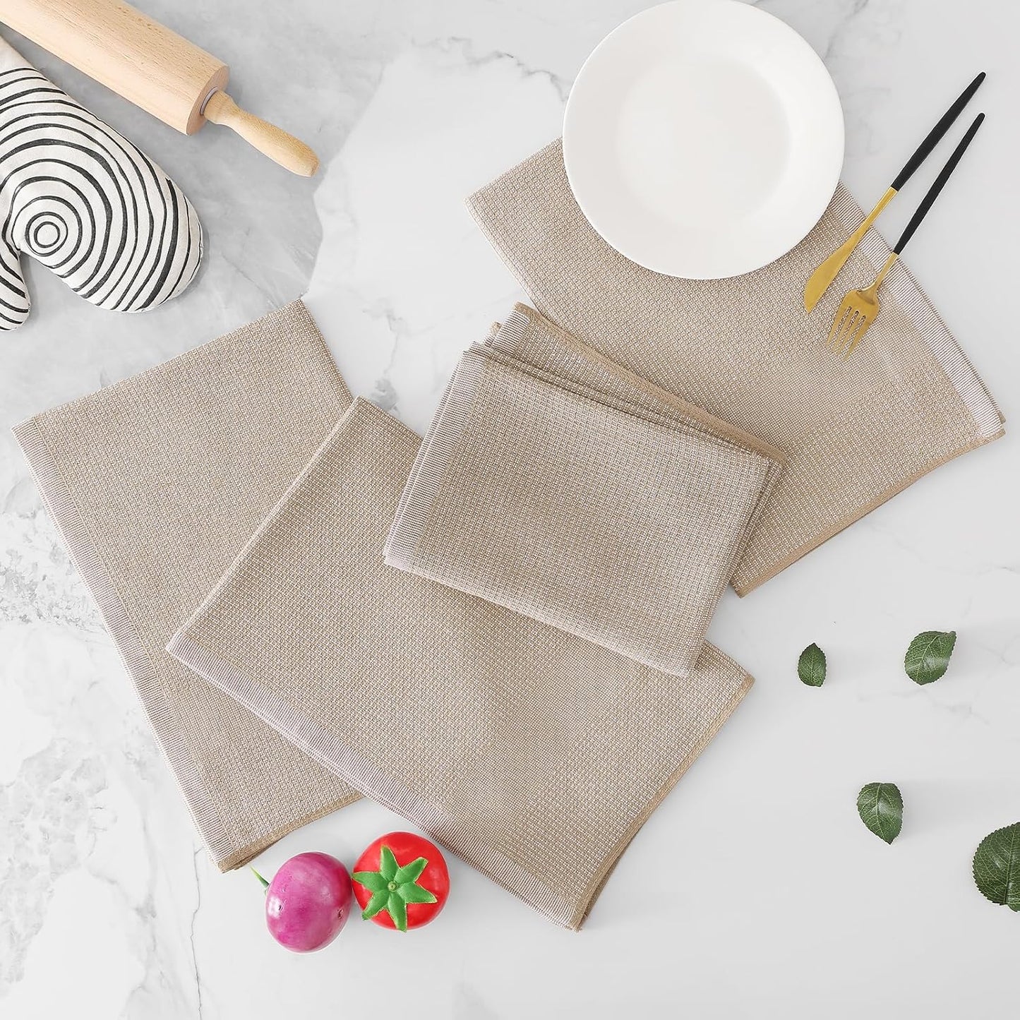 Homaxy 380 GSM Cotton Premium Kitchen Towels 8 Pack, 18"x 28", Khaki | Flat and Terry Dish Towels, Highly Absorbent Tea