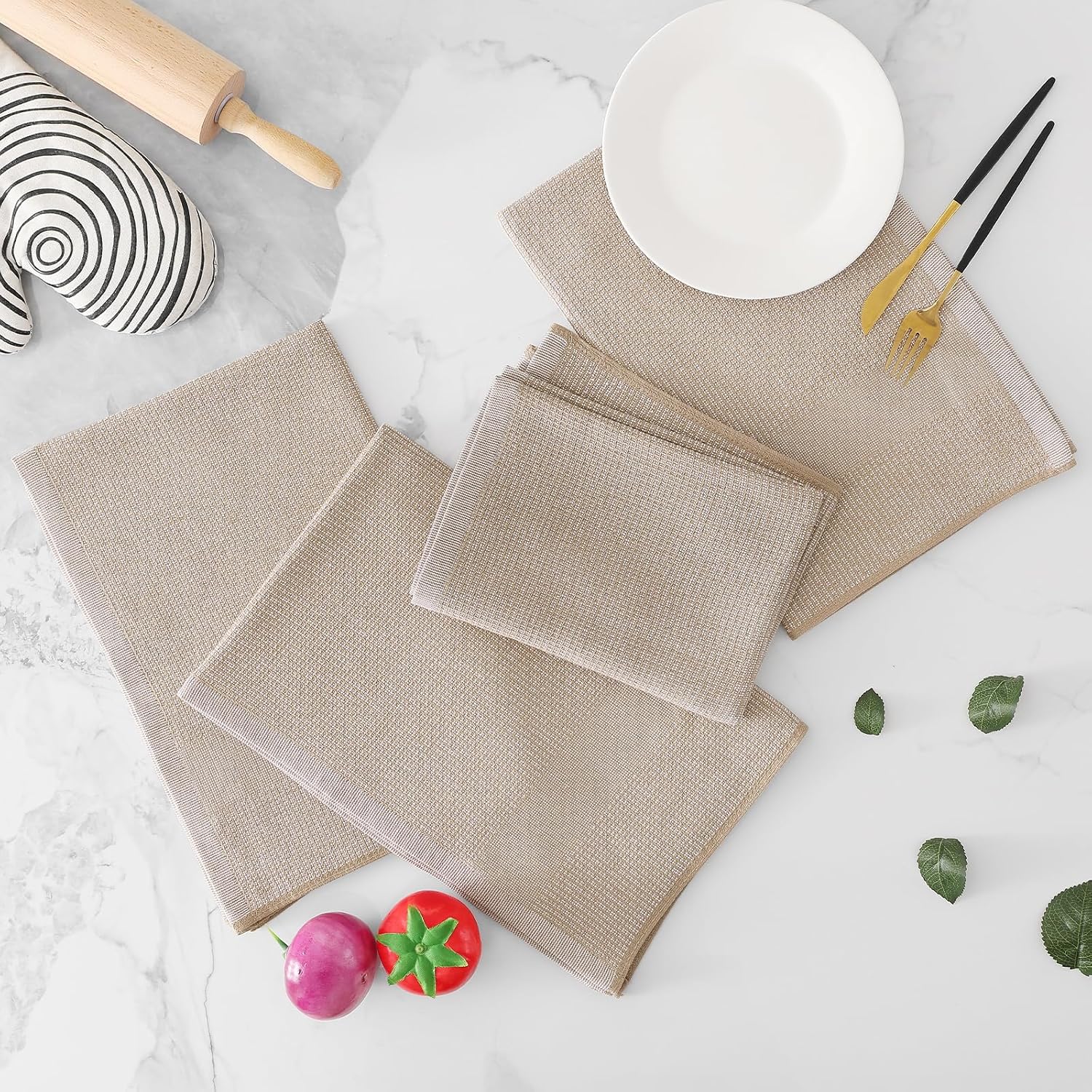 Homaxy 380 GSM Cotton Premium Kitchen Towels 8 Pack, 18"x 28", Khaki | Flat and Terry Dish Towels, Highly Absorbent Tea
