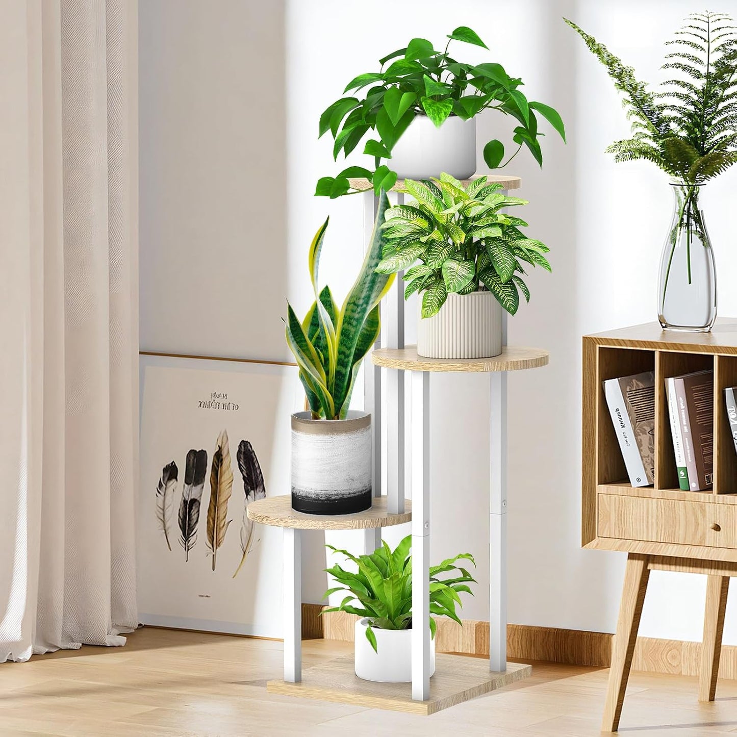 4 Tier Wood Tall Plant Stand Metal Rack Indoor, Multiple Flower Pot Holder Shelves Corner Rack, Round Planter Shelf