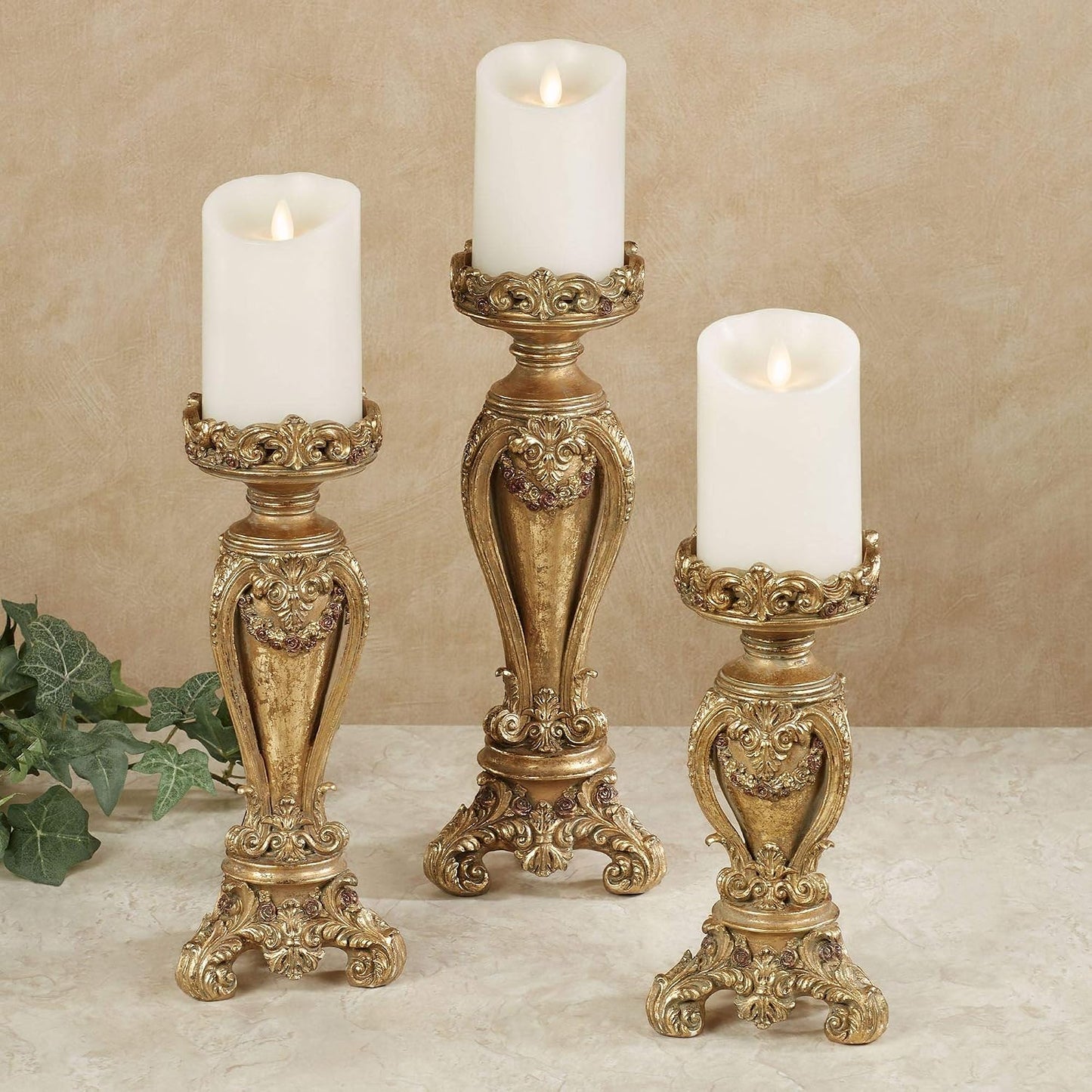 Touch of Class Angelique Ornate Candleholders Aged Gold Set of 3 | Victorian Style, Table Candleholder, For Dining Room