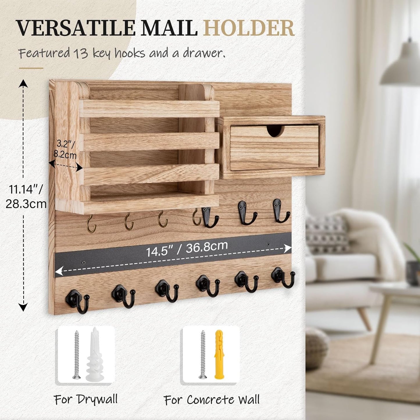 13 Hooks / Key Holder Wall Mount / Wood