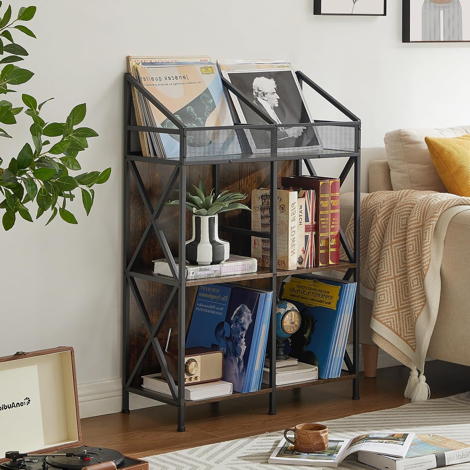 EYOCAL 6 Grids Vinyl Record Storage Holder Rack， Wooden Record Display Table for Magazines Files Albums Books for