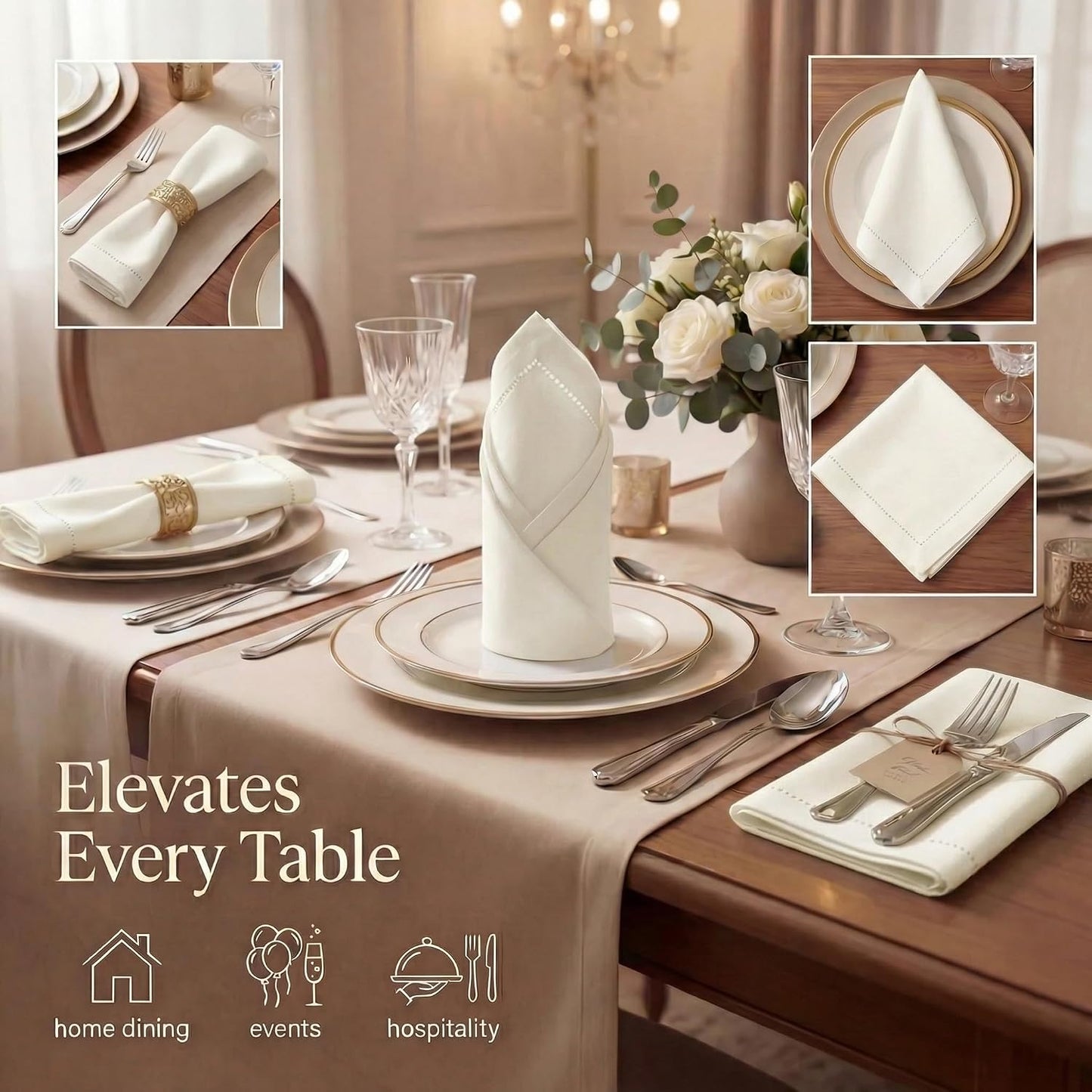 Urban Villa Cloth Napkins Ivory Hemstitch Dinner Napkins Set of 12 (20X20) 100% Cotton Absorbent Washable Durable