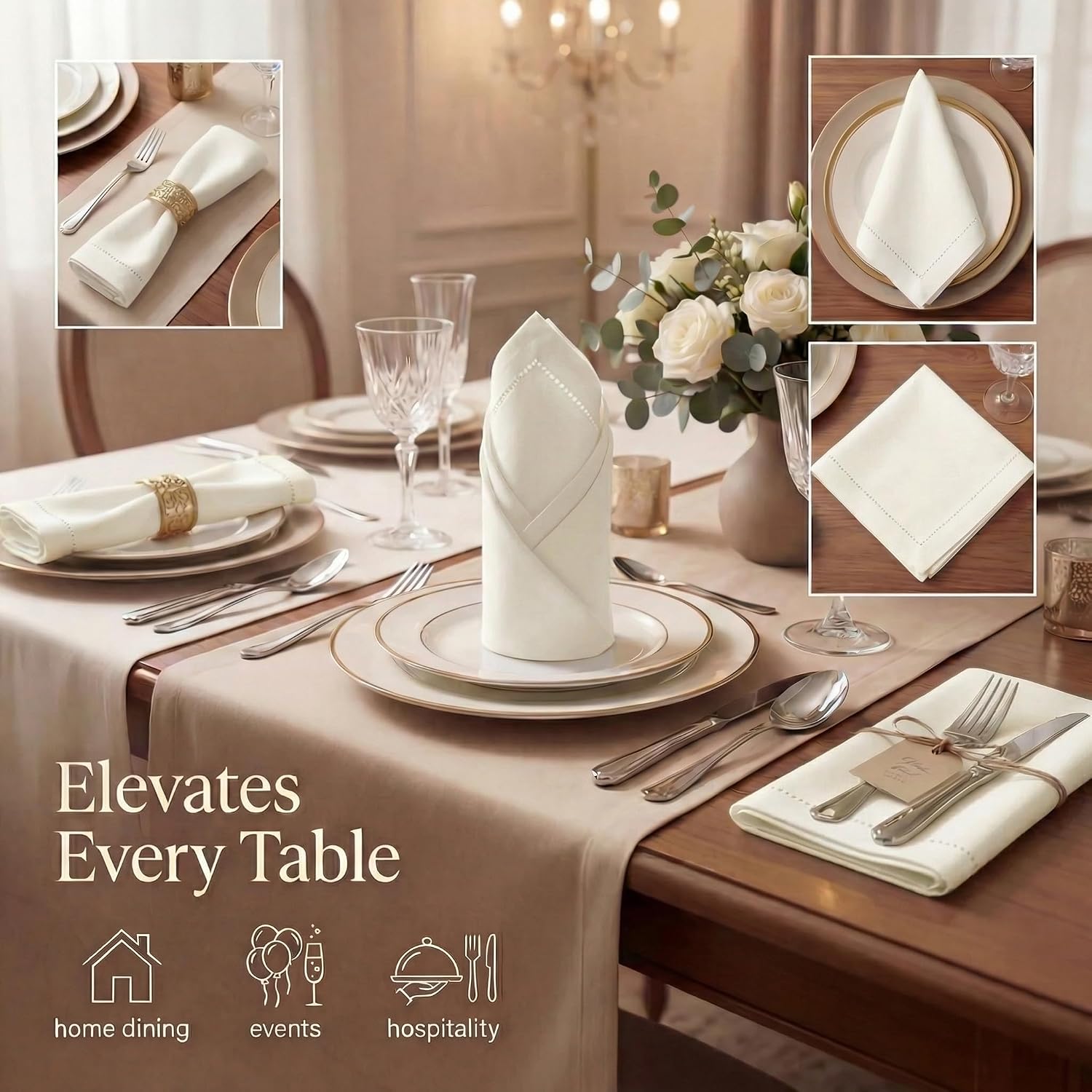 Urban Villa Cloth Napkins Ivory Hemstitch Dinner Napkins Set of 12 (20X20) 100% Cotton Absorbent Washable Durable