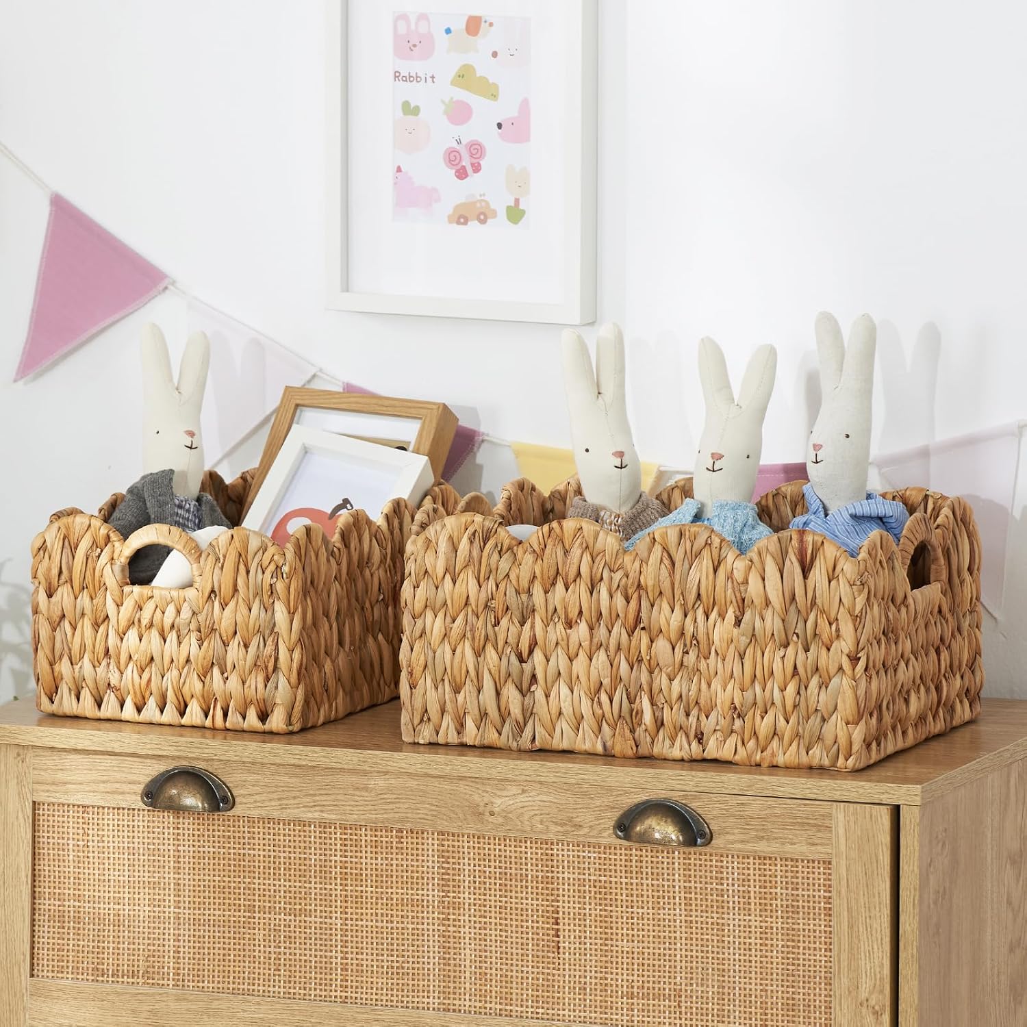 Wicker Basket / Handwoven Scalloped Wicker Storage Basket / Natural / L / Set of 2