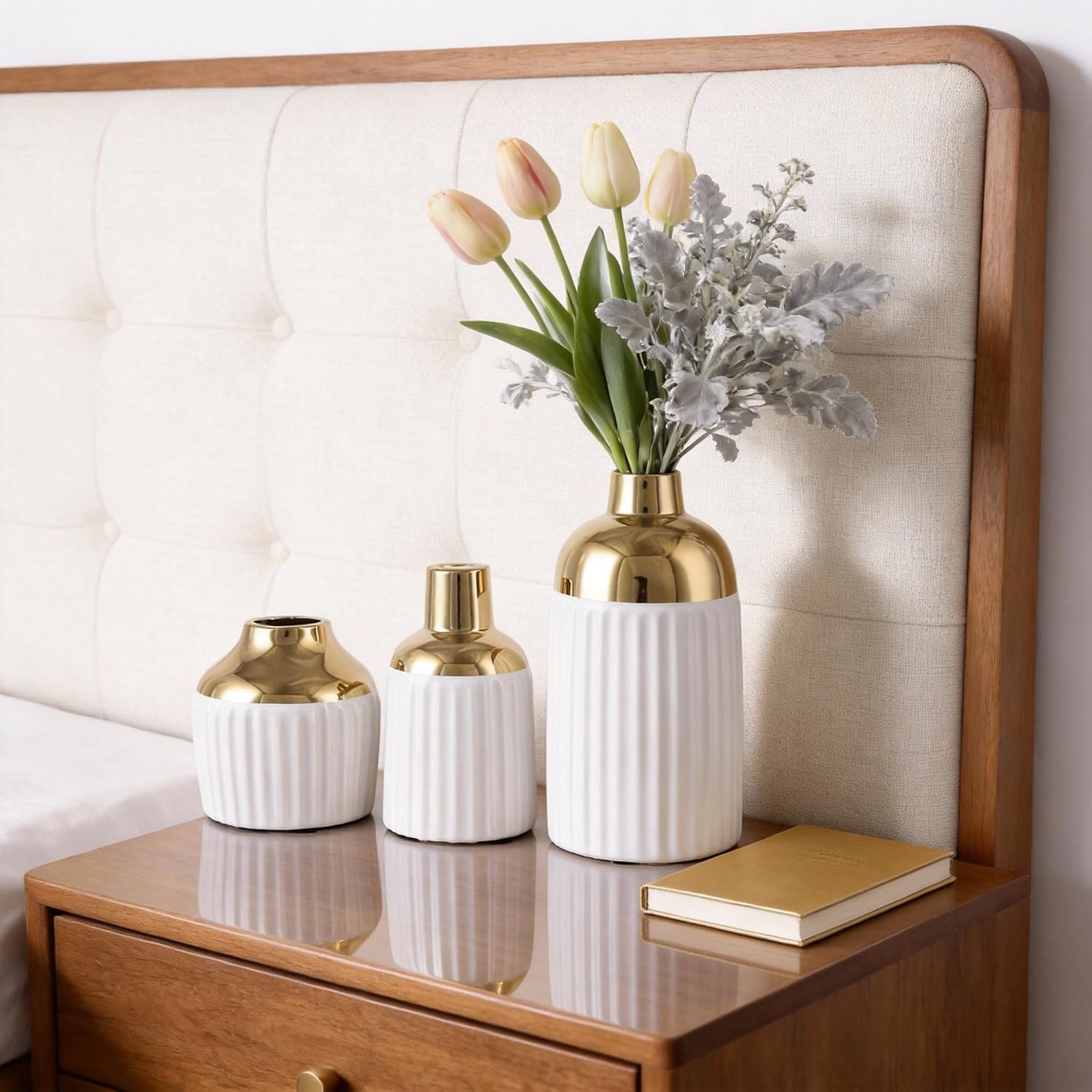 Gold Ceramic Vase 3-Piece Set / Wg / White