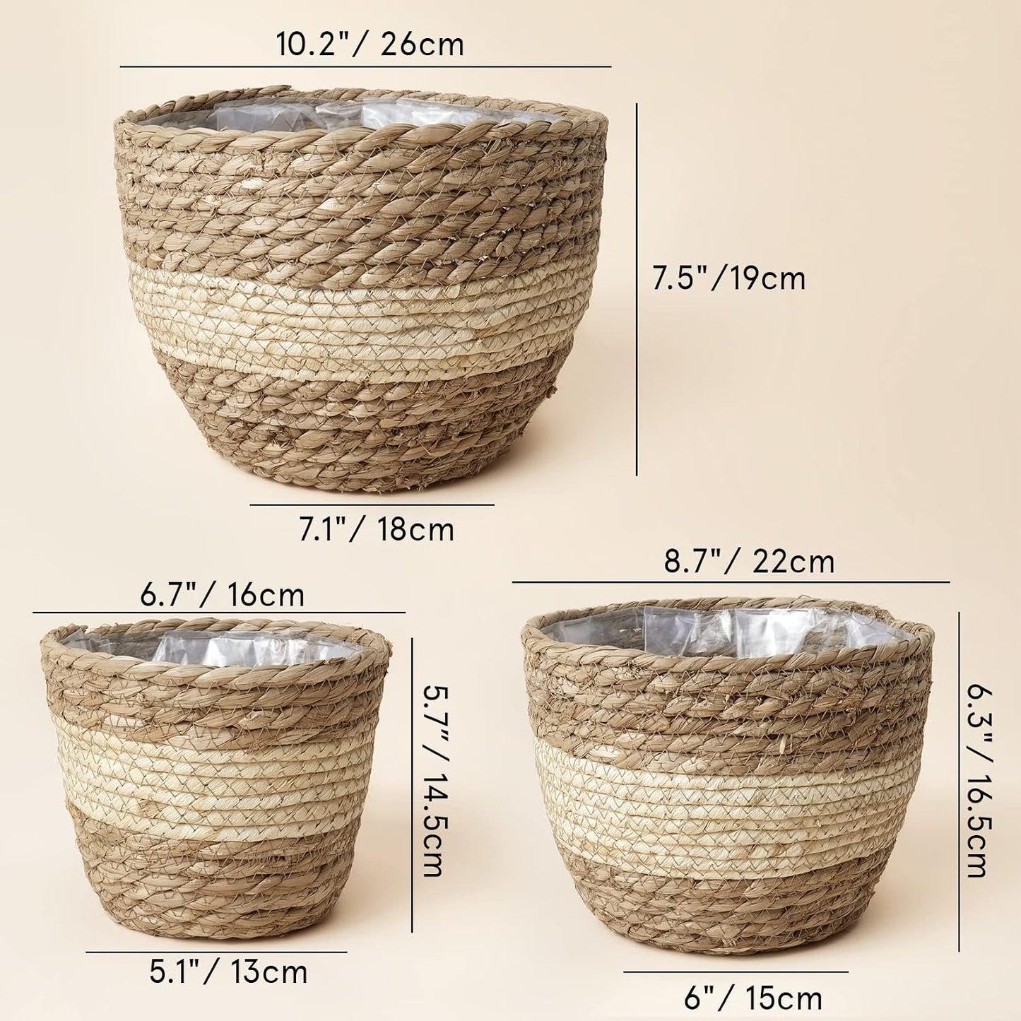 Seagrass Planter Basket Indoor Outdoor / Beige / 10.2"+8.7"+6.7 / 10 Inch