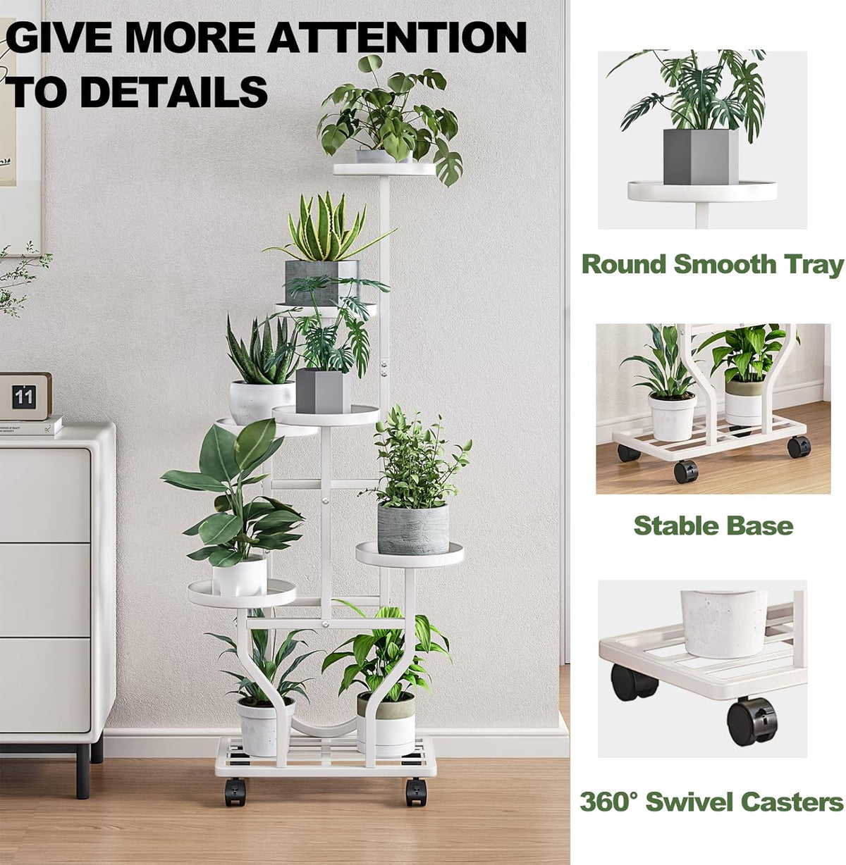Plant Stand with Wheels, White 6 Tier Metal Plant Shelf for Indoor Outdoor | Corner Plants Stand Indoor for Bedroom