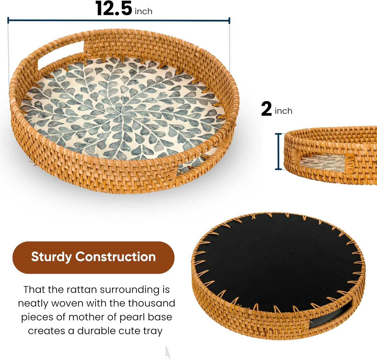 Round Rattan Tray / White- Black Leaves