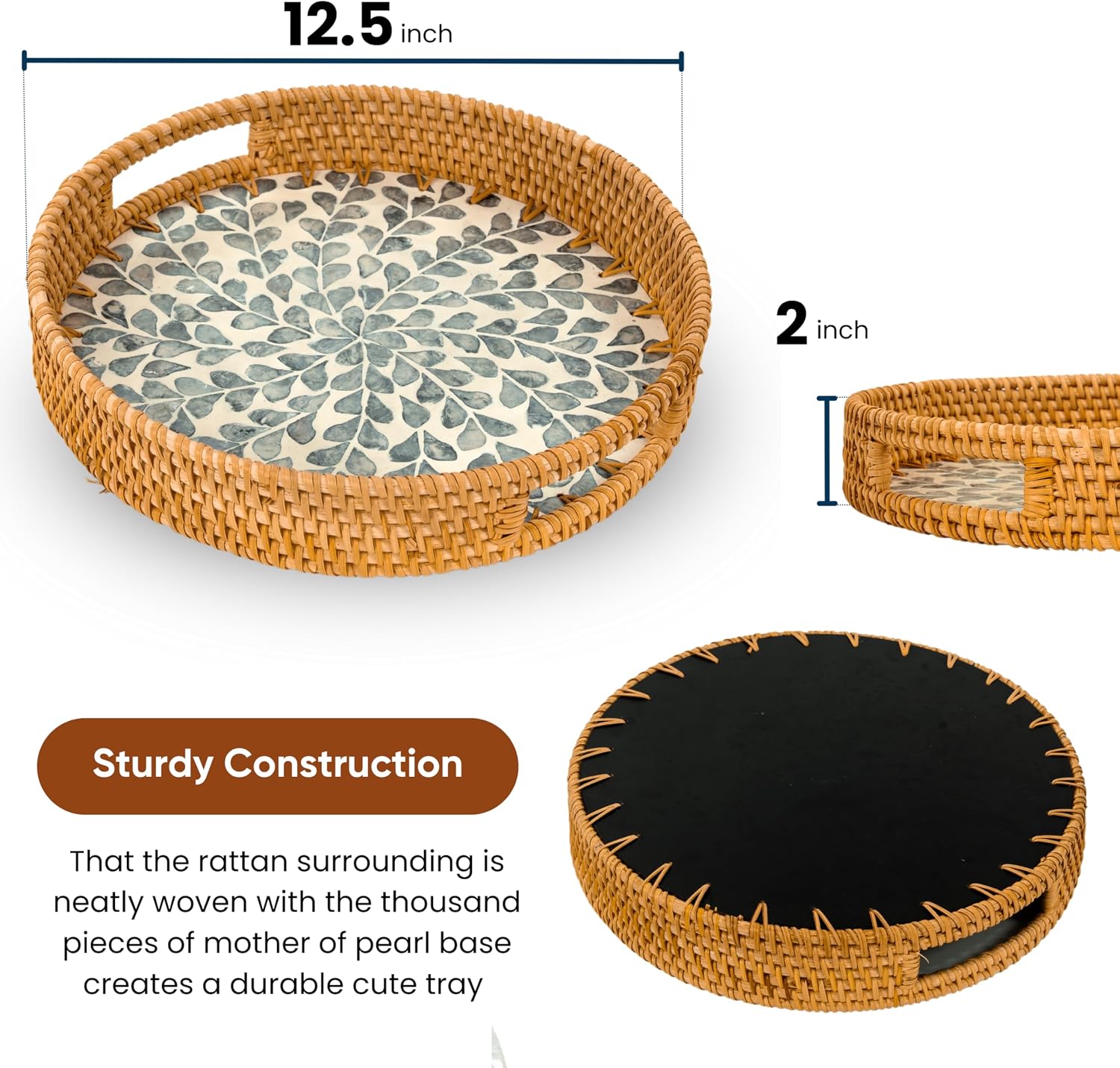 Round Rattan Tray / White- Black Leaves