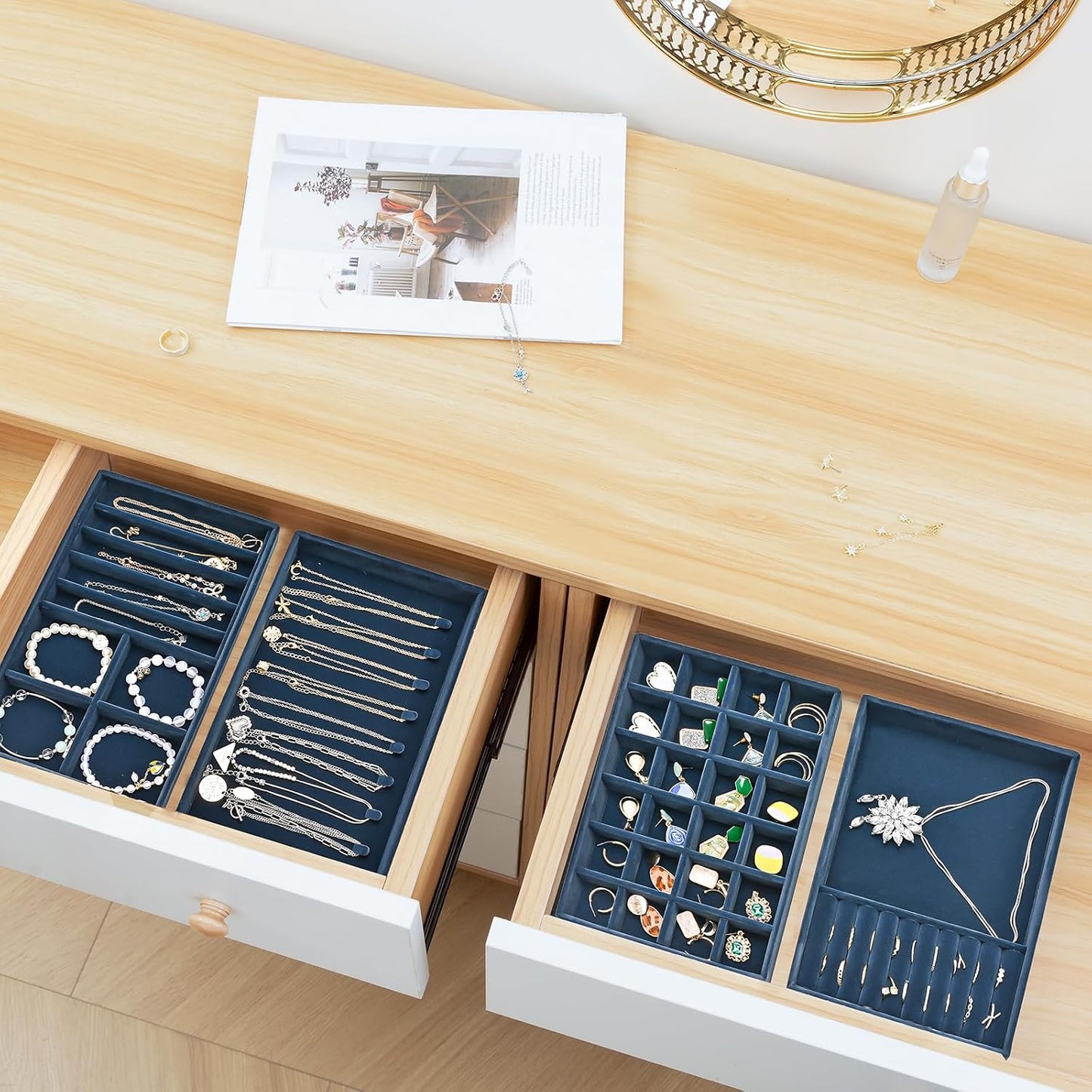 Stackable Jewelry Organizer Trays for Drawers / 4 Layers / Darkblue
