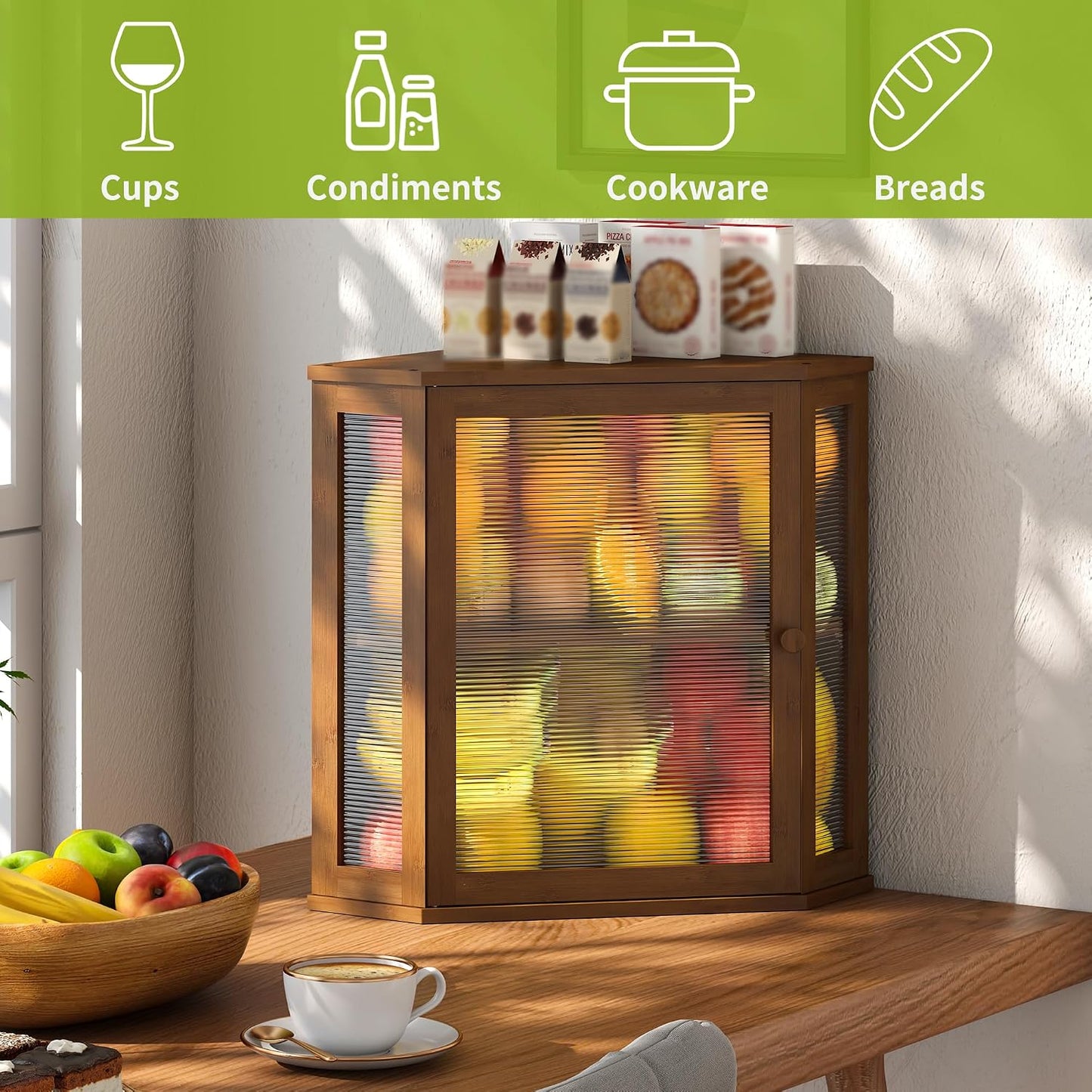 BMOSU Corner Bread Box for Kitchen Countertop Double Layer Bamboo Wooden Bread box Large Capacity Bread Storage
