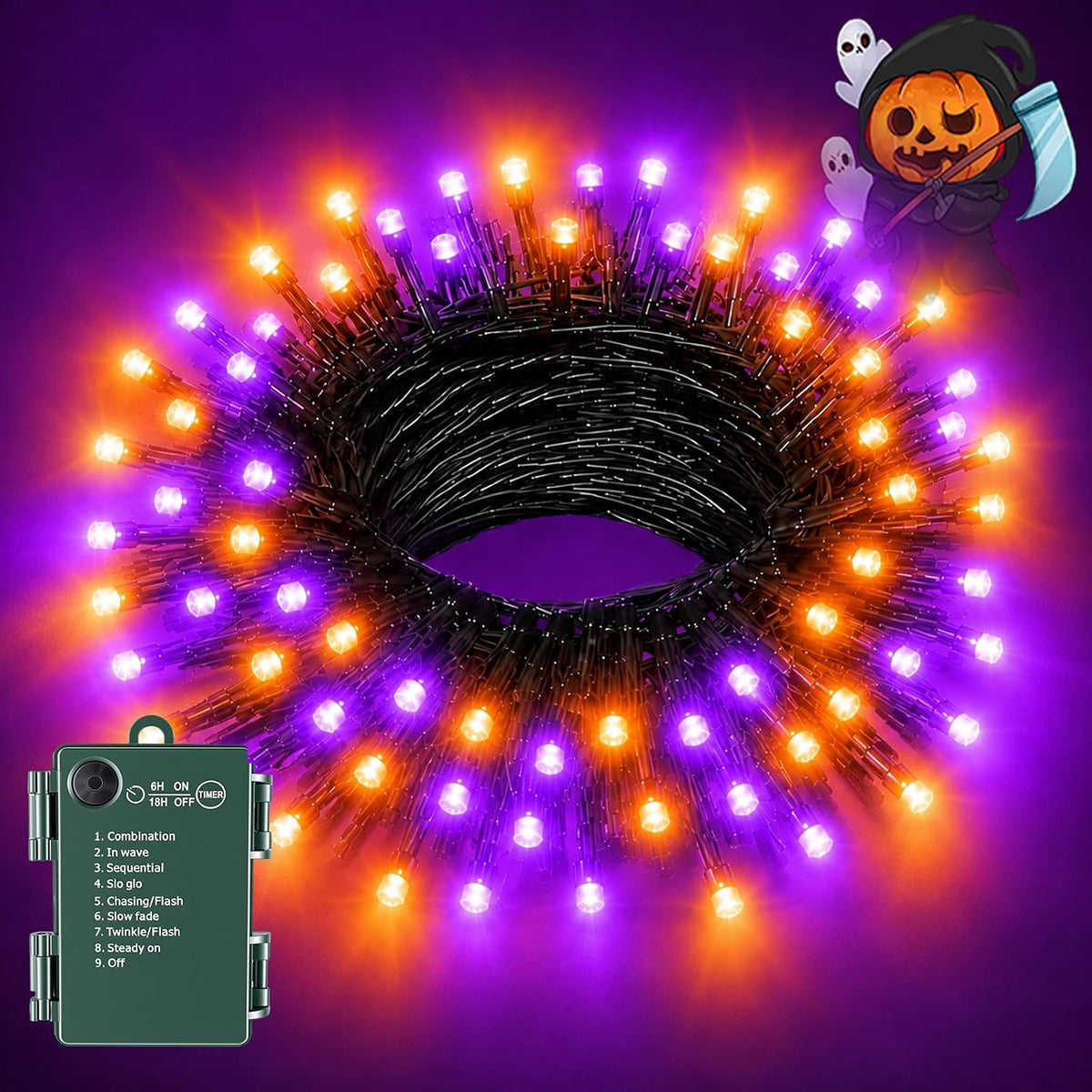 Orange Purple Halloween Lights String Waterproof for Halloween Decorations, Timer 8 Modes Battery Operated String Lights 50LED 17FT for Indoor and Outdoor
