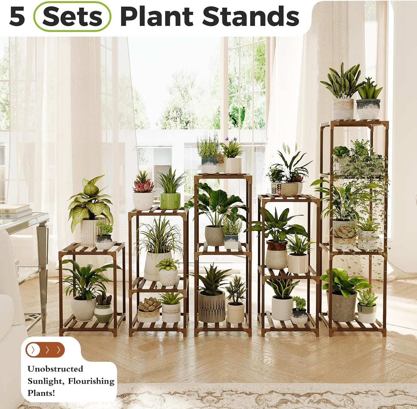 Bamworld Plant Stands Indoor 5 Sets Plant Shelves Outdoor | Wooden Plant Holder for Multiple Plants Flower Stands for