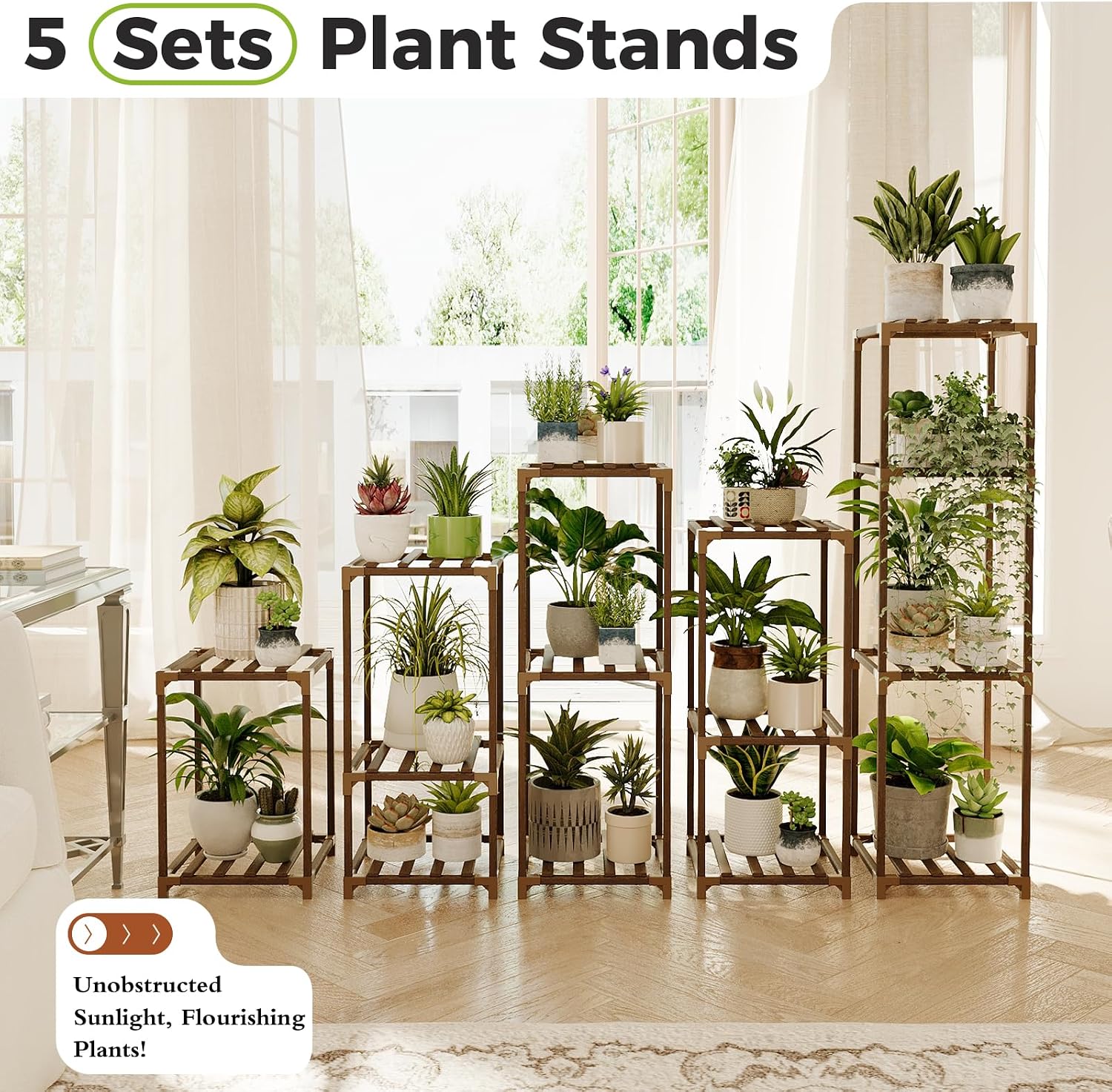 Bamworld Plant Stands Indoor 5 Sets Plant Shelves Outdoor | Wooden Plant Holder for Multiple Plants Flower Stands for