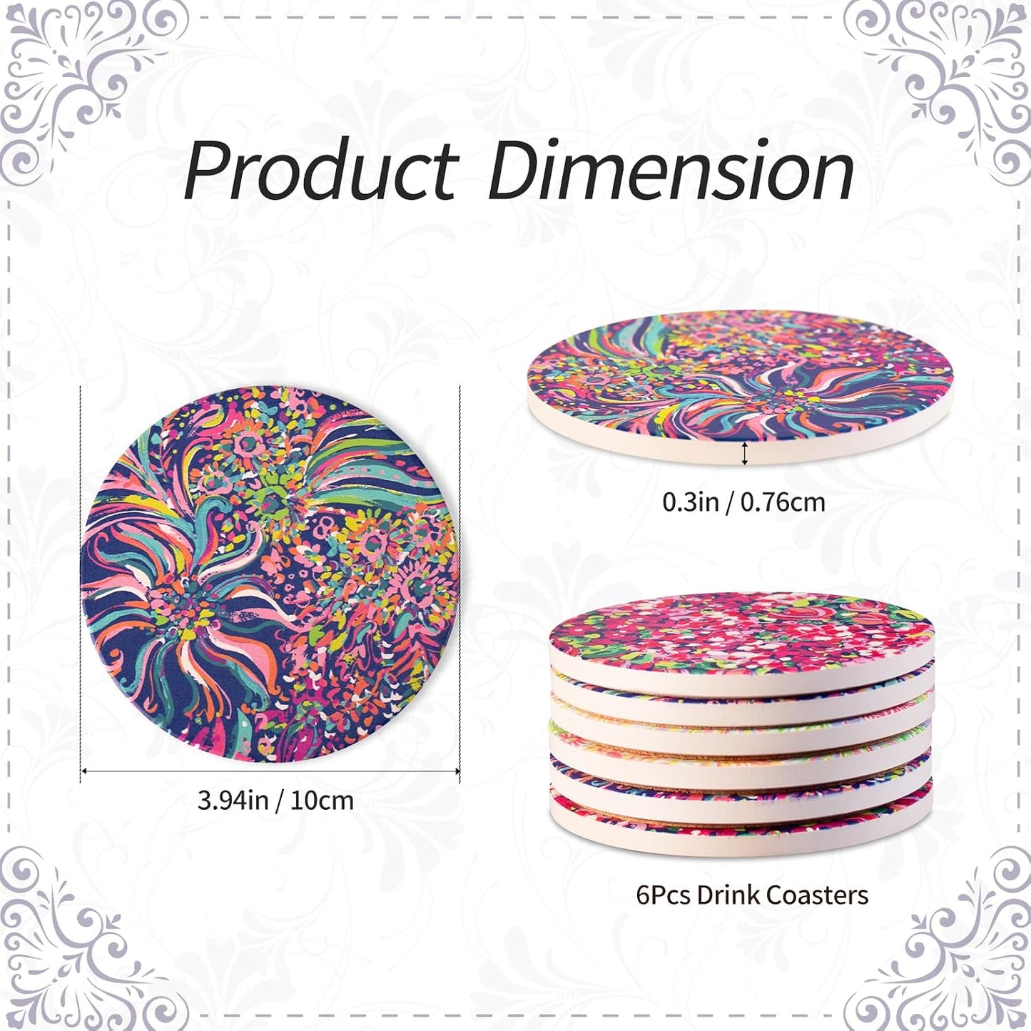 Absorbent Ceramic Coaster / 4 Inch / Set of 6