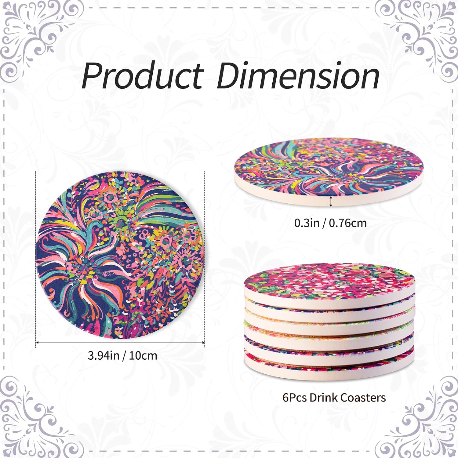Absorbent Ceramic Coaster / 4 Inch / Set of 6