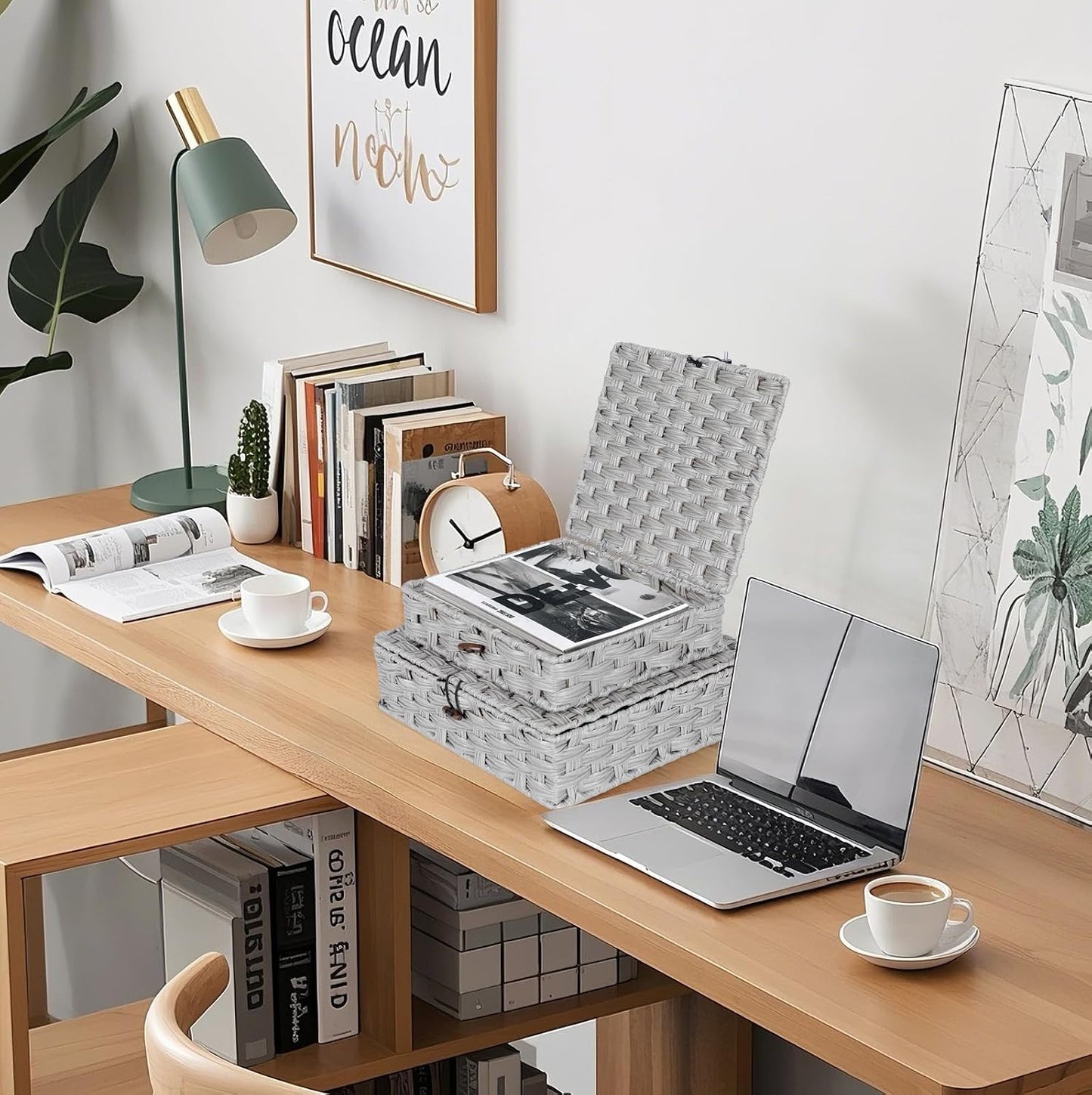 Woven Rattan Organizer Bins / Gray / Set of 2