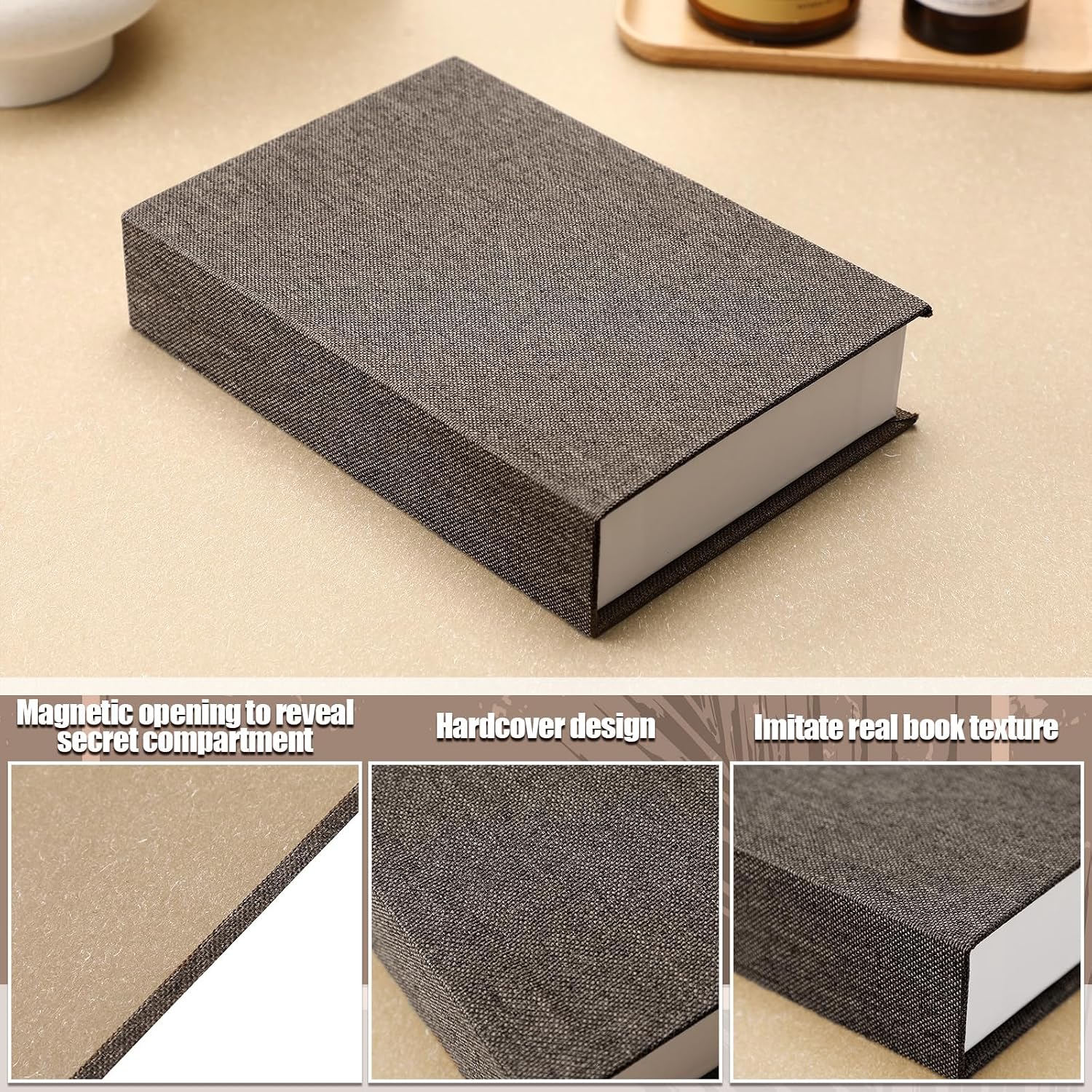 Fake Book Box Neutral Linen Book Box / 8.6 x 6.1 x 1.8 / Khaki, Dark Coffee, Light Coffee / Set of 3